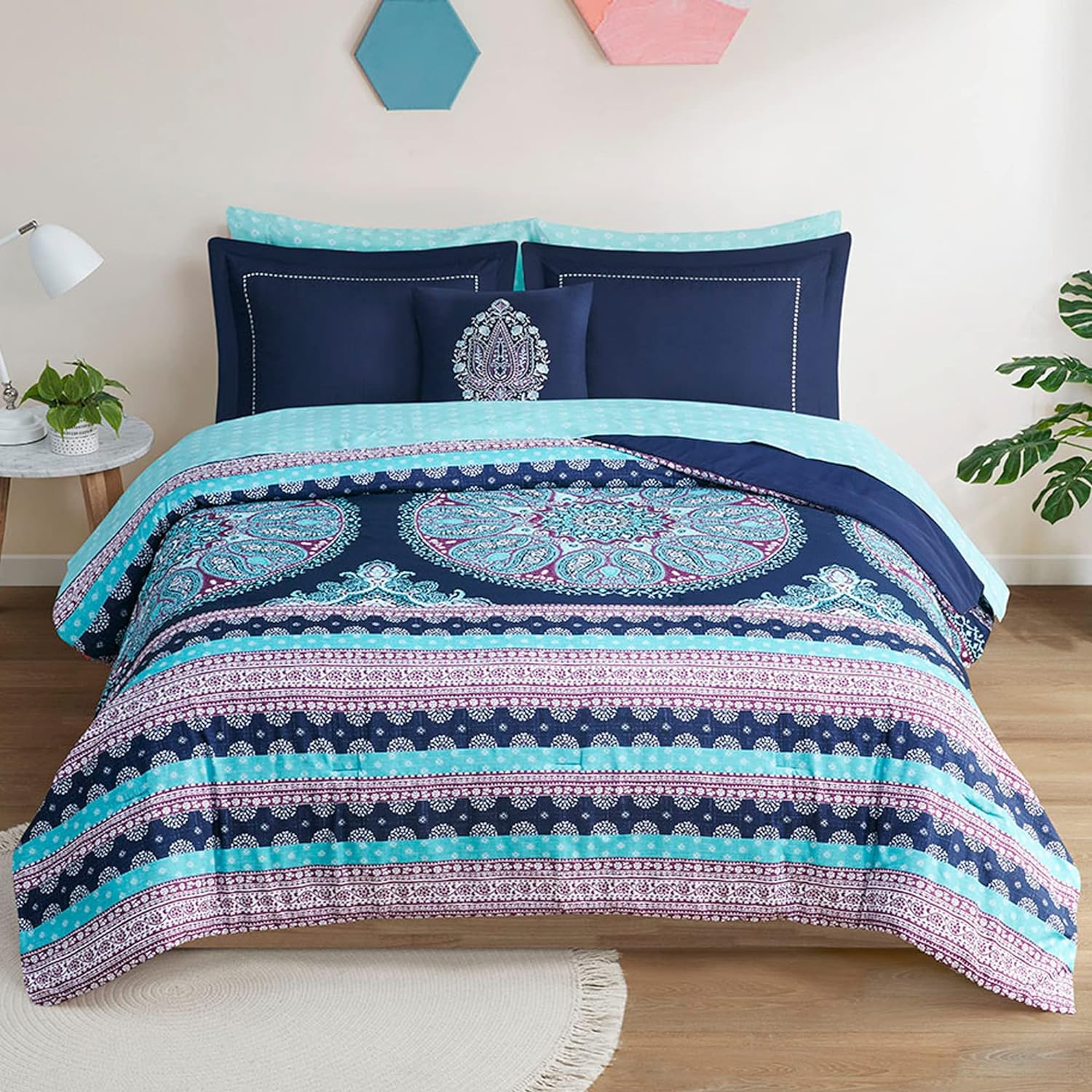Degree of Comfort Twin Complete Comforter Sets, Boho Mandala Bed in A Bag, Microfiber Bedding Set with Side Pockets, Matching Decorative Pillow, 6 Piece Coral