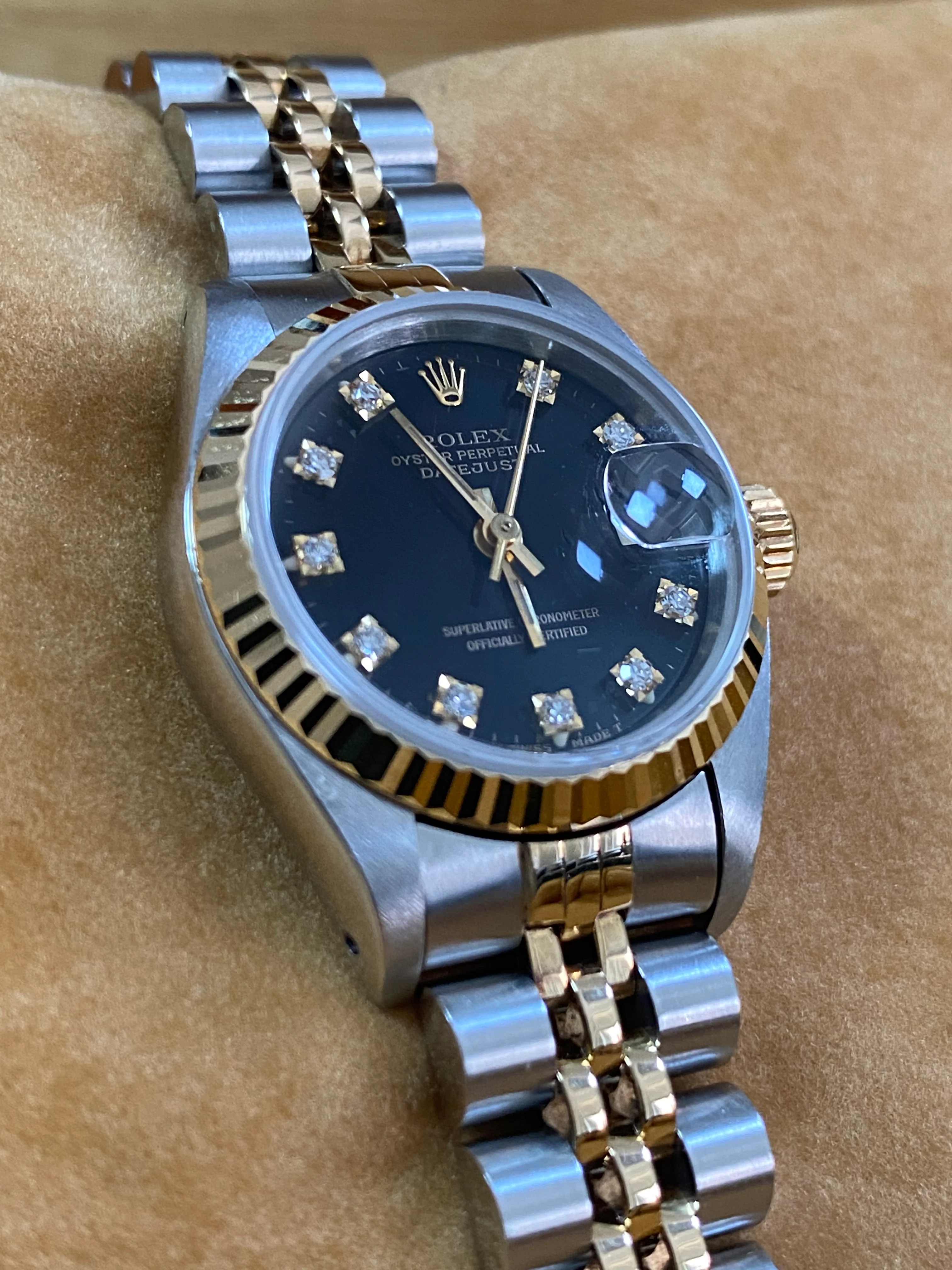 Rolex Steel and Yellow Gold Lady-Datejust - Fluted Bezel - Black Diamond Dial - Jubilee Bracelet - 69173