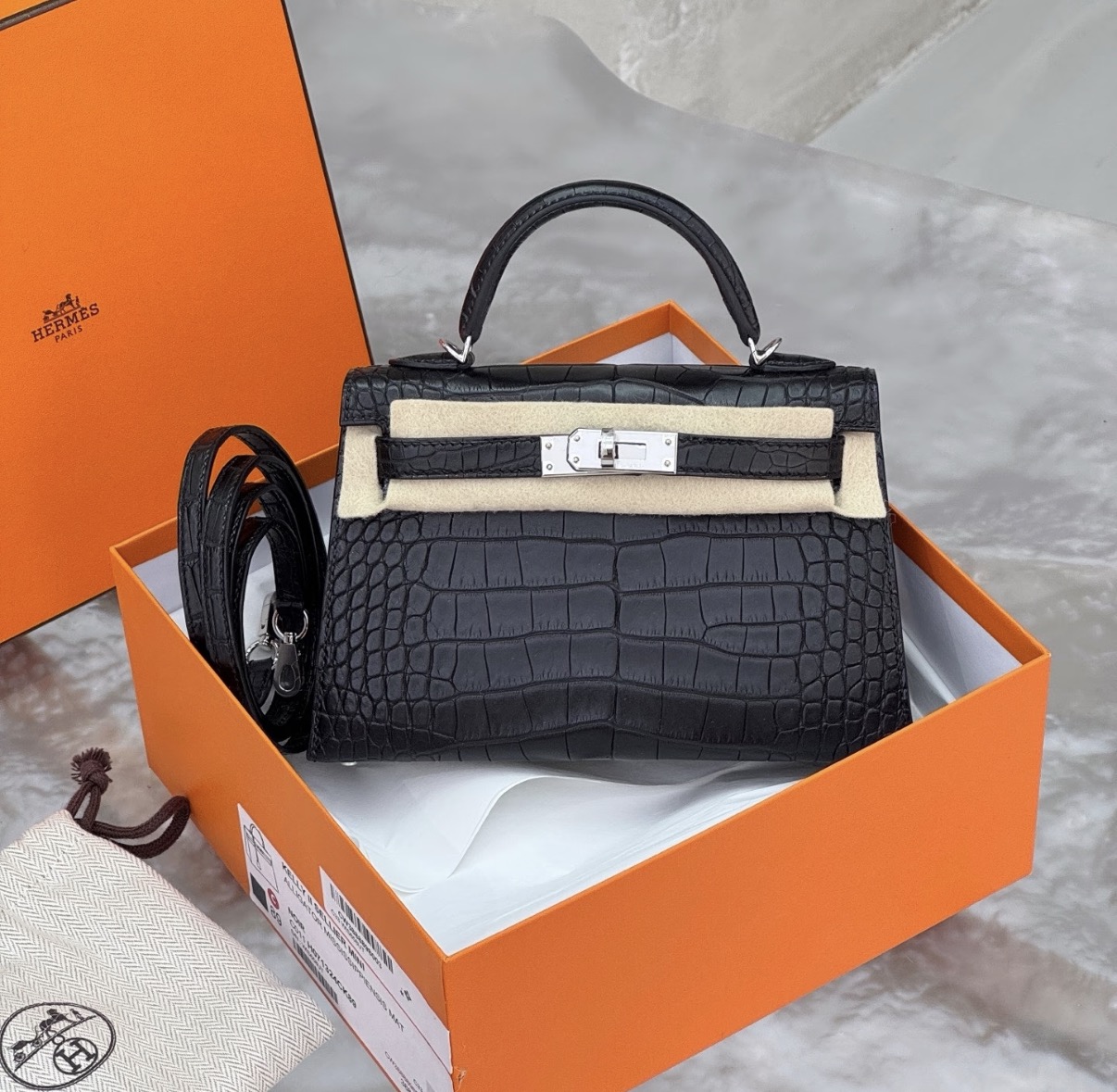Kelly mini 2 silver hardware black matte American crocodile leather custom - Artisantouchss
