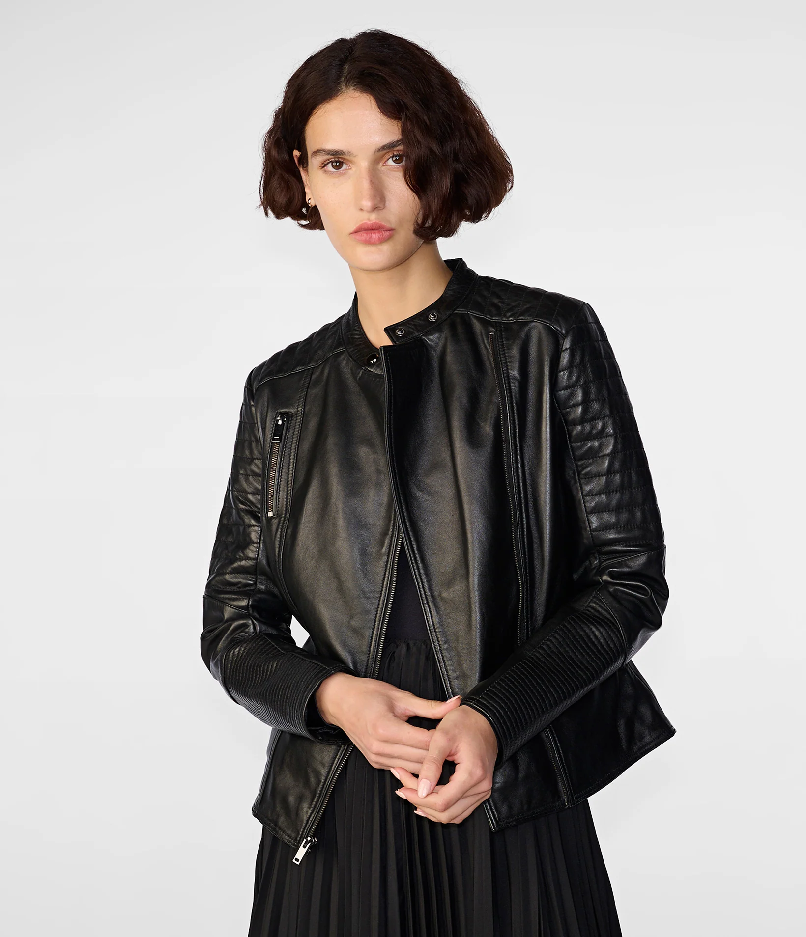 Quilted Faux Leather Zip‑Up Casual Outer Jacket