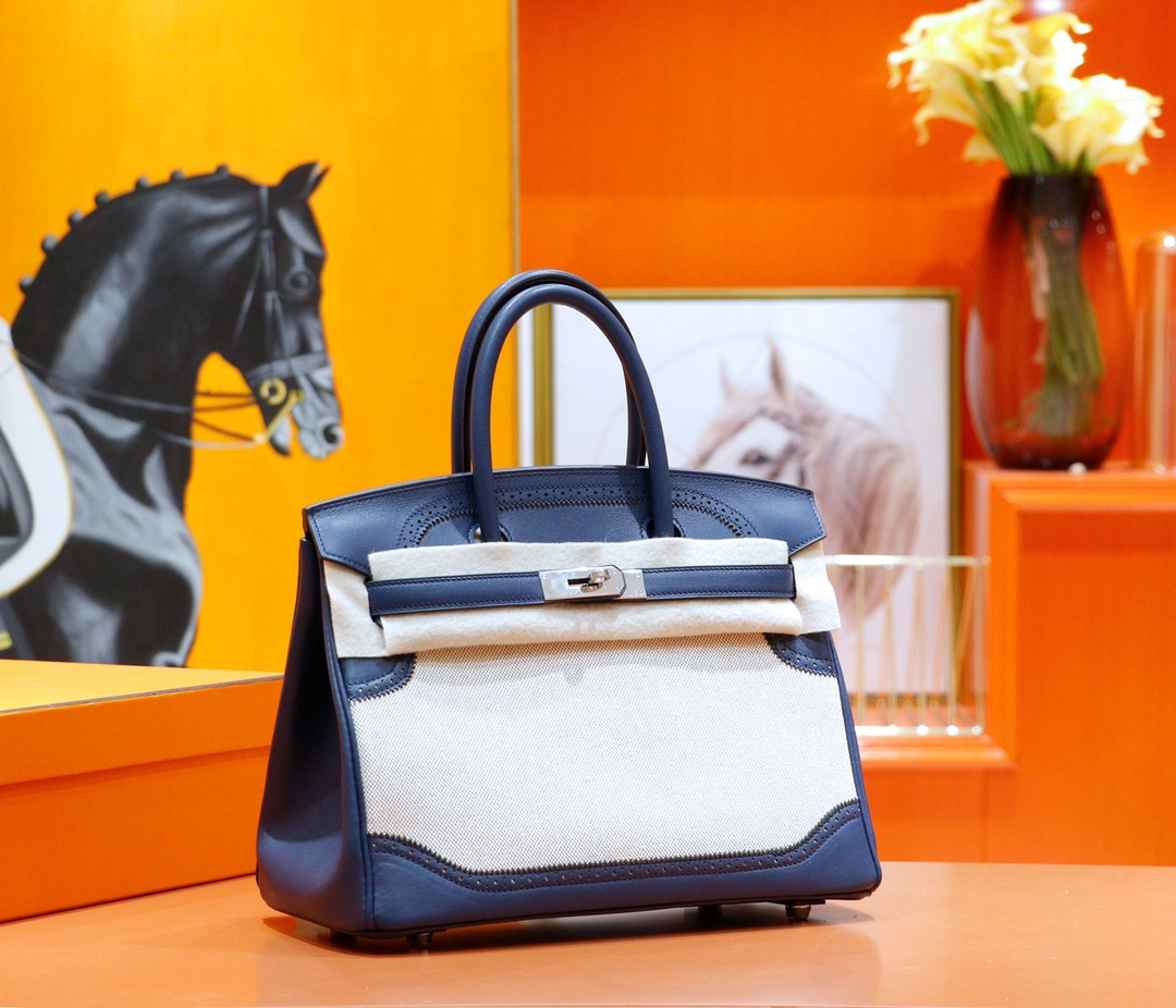 Hermes Birkin platinum bag, lace version, Swift color, navy blue, full hand-stitched calfskin, silver buckle, 30cm customization