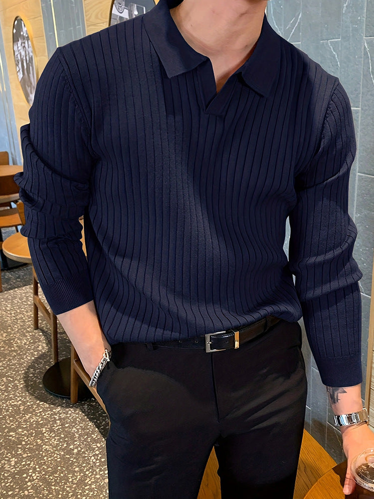 Men’s Waffle-Knit Lapel Collar Long-Sleeve Top