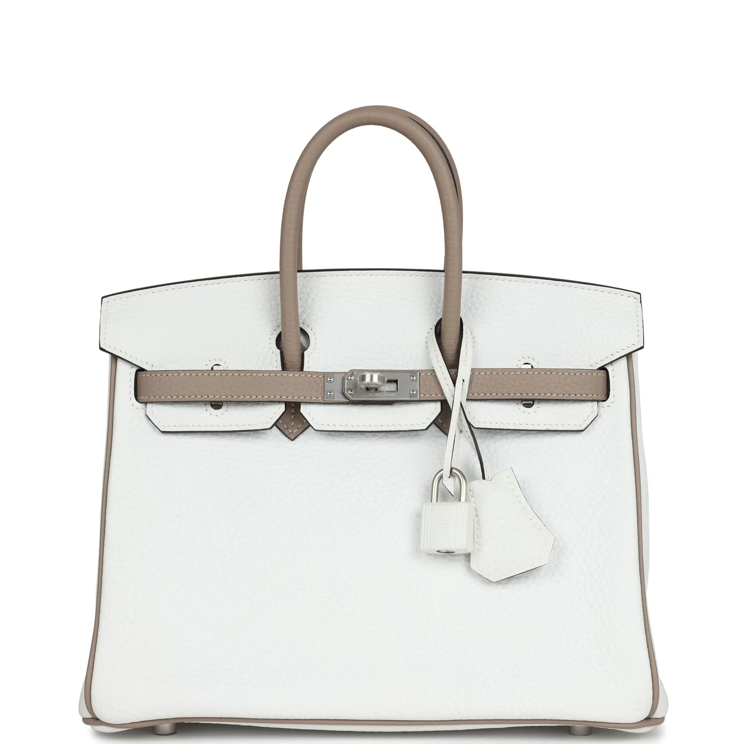Hermes Special Order (HSS) Birkin 25 White and Etoupe Clemence Brushed Palladium Hardware
