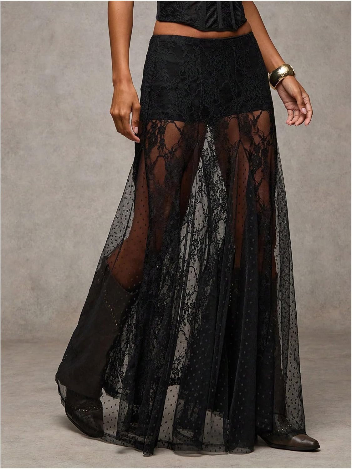 WDIRARA Women's Sexy See Through Sheer Lace Maxi Skirt Low Waist Ruffle Hem A Line Flowy Skirt