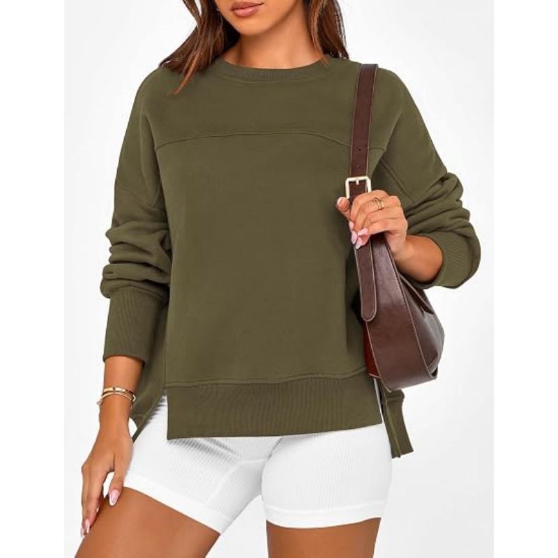 Women's Crewneck Sweatshirt, Fleece Long Sleeve Side Slit Pullover