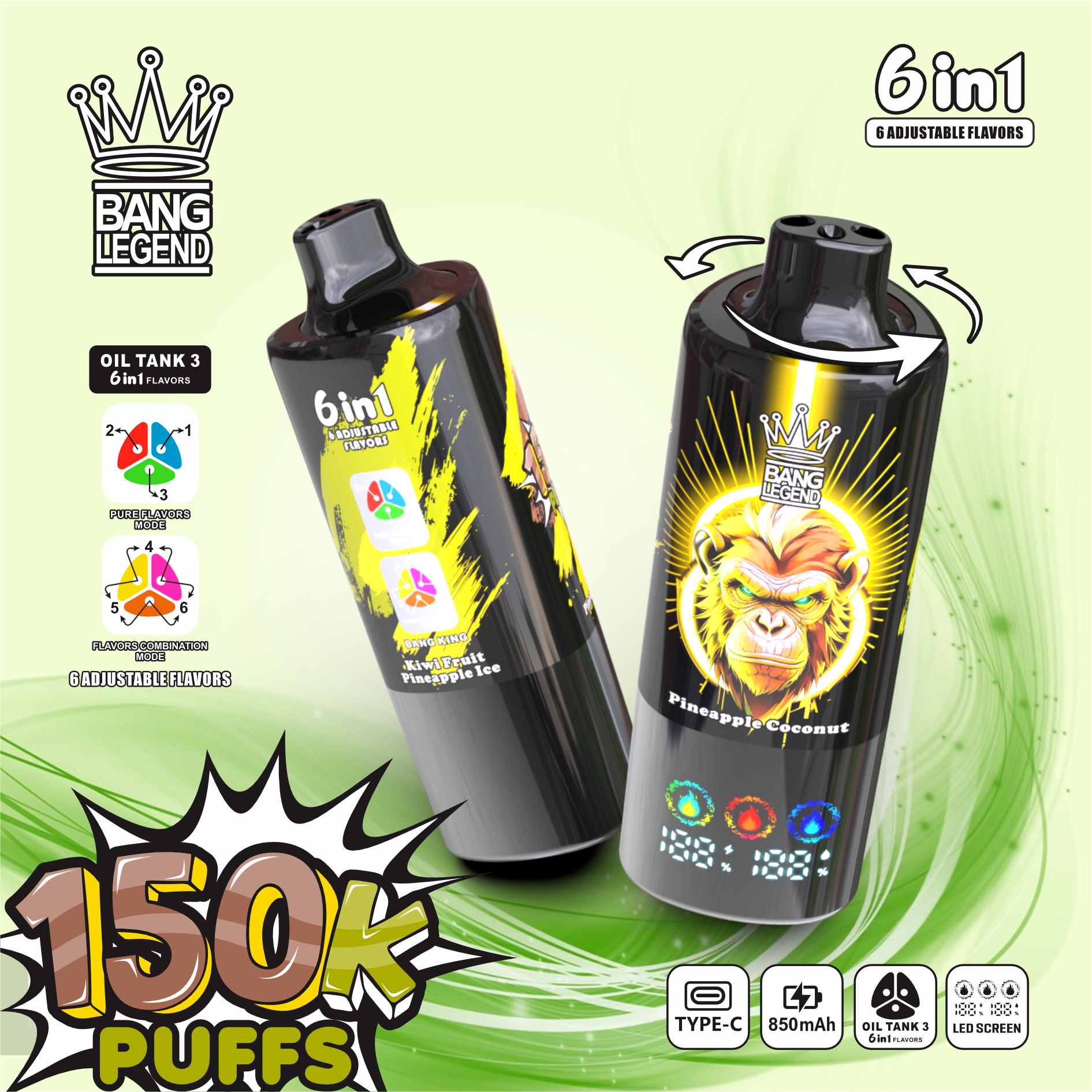 Вейп BANG LEGEND 150 000 Дръпки (6 в 1) | Електронна Цигара с LCD Дисплей