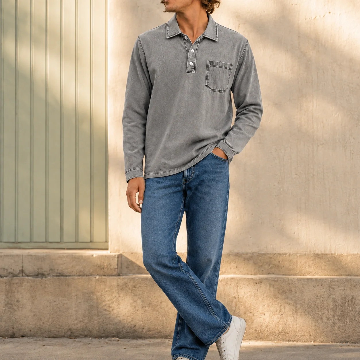 Mivanity Men's Retro-chic Distressed Pocket Lapel Long-sleeved Polo Shirt