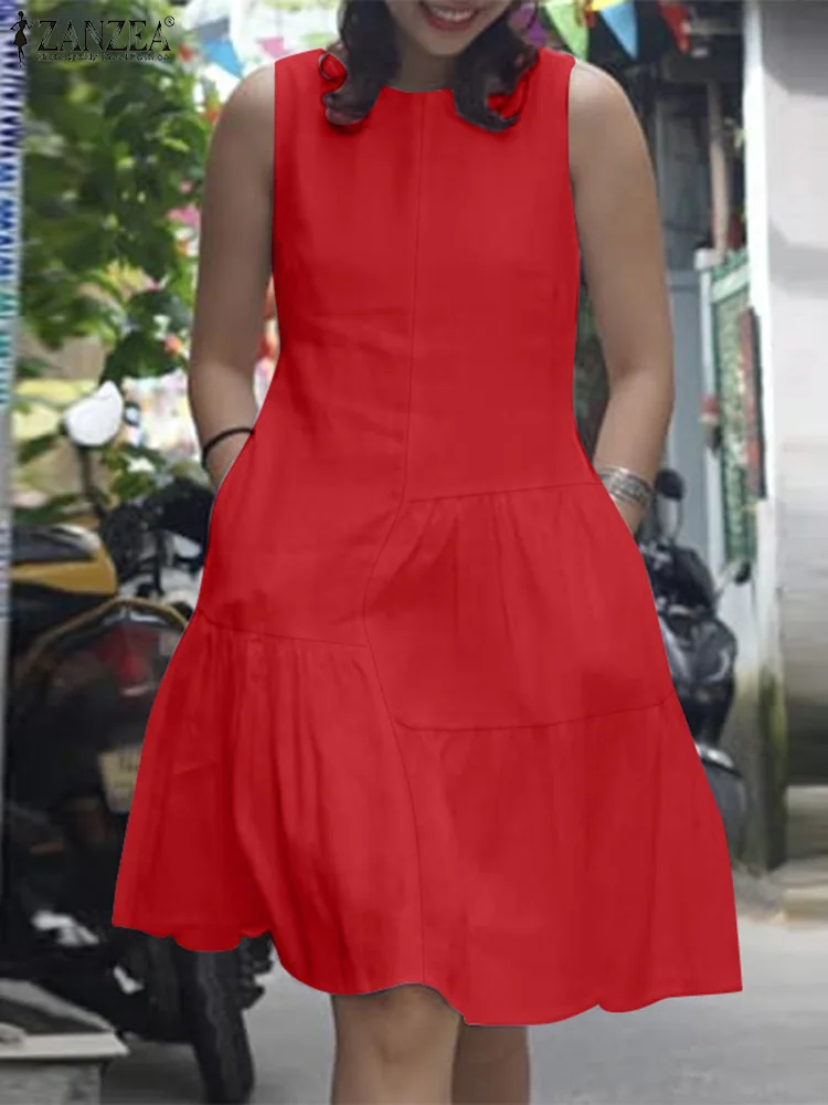 Summer Sleeveless Short Robes Ruffled Hem Casual Solid Streetwear Knee-length Dress Women O Neck Fashion Tank Vestidos