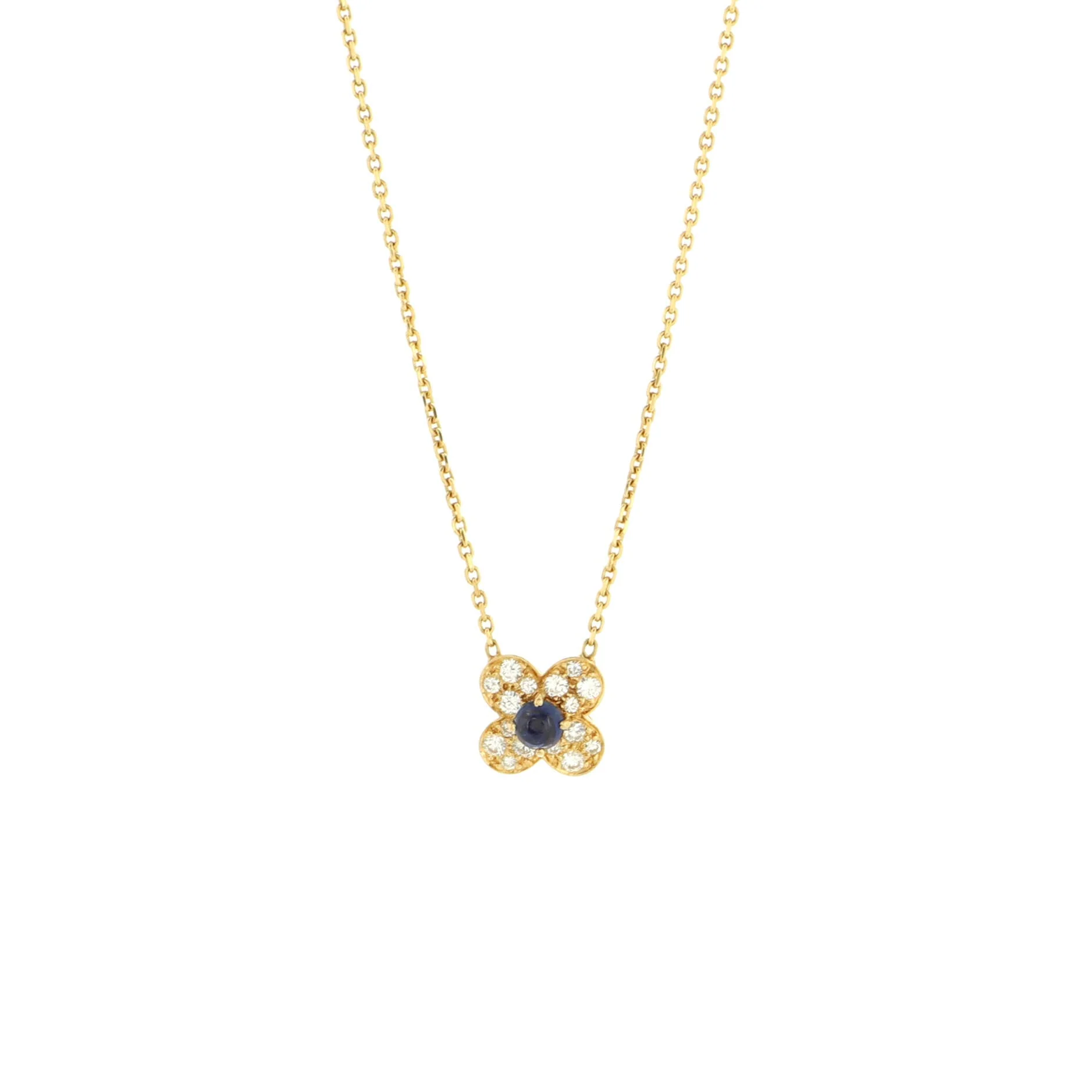 Trefle Pendant Necklace 18K Yellow Gold with Diamonds and Blue Sapphires