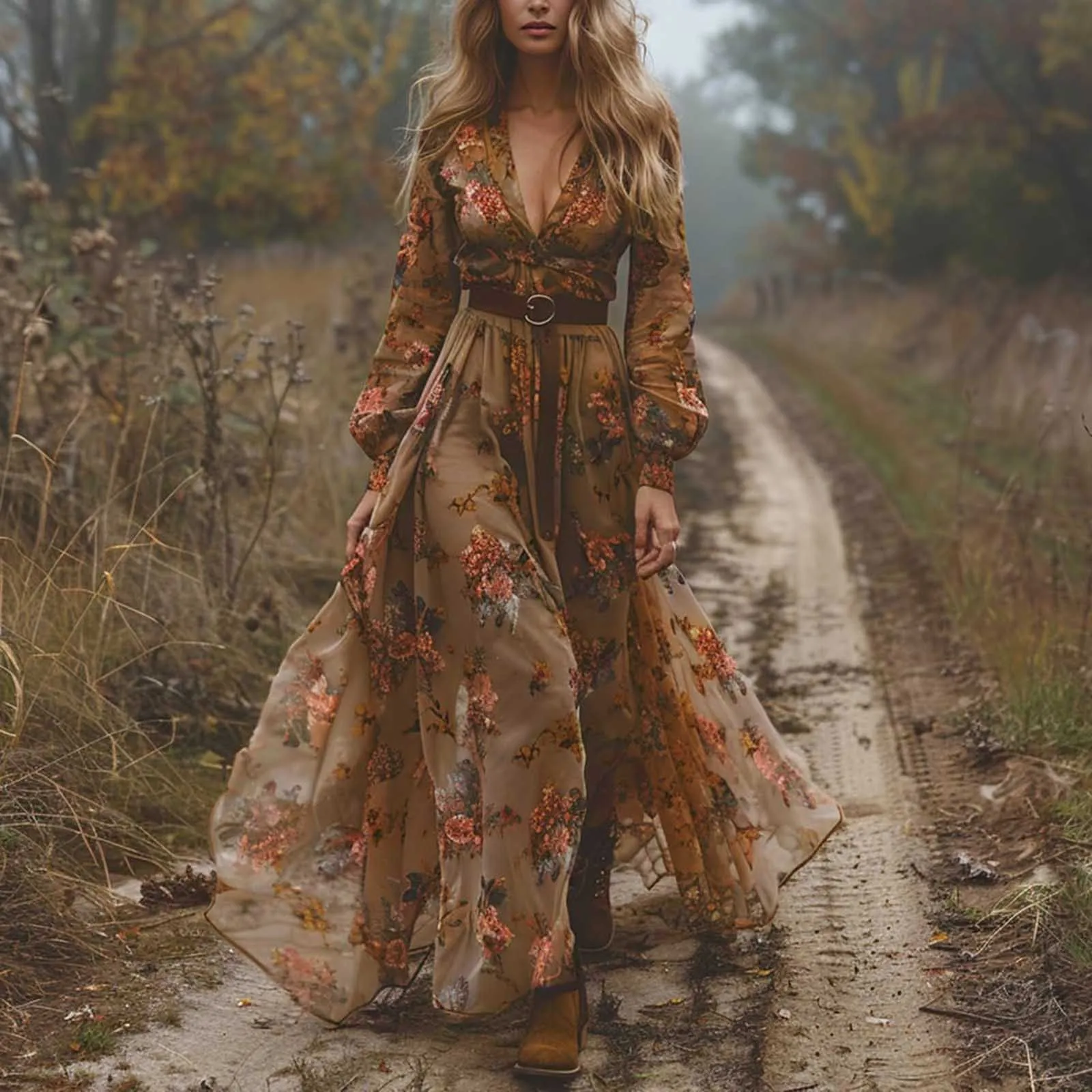 Ethnic Retro Floral Print Pleated Long Dress Spring Sexy Shirt Collar Buttons Women Party Dress Fall Long Sleeve Bohe Maxi Dress