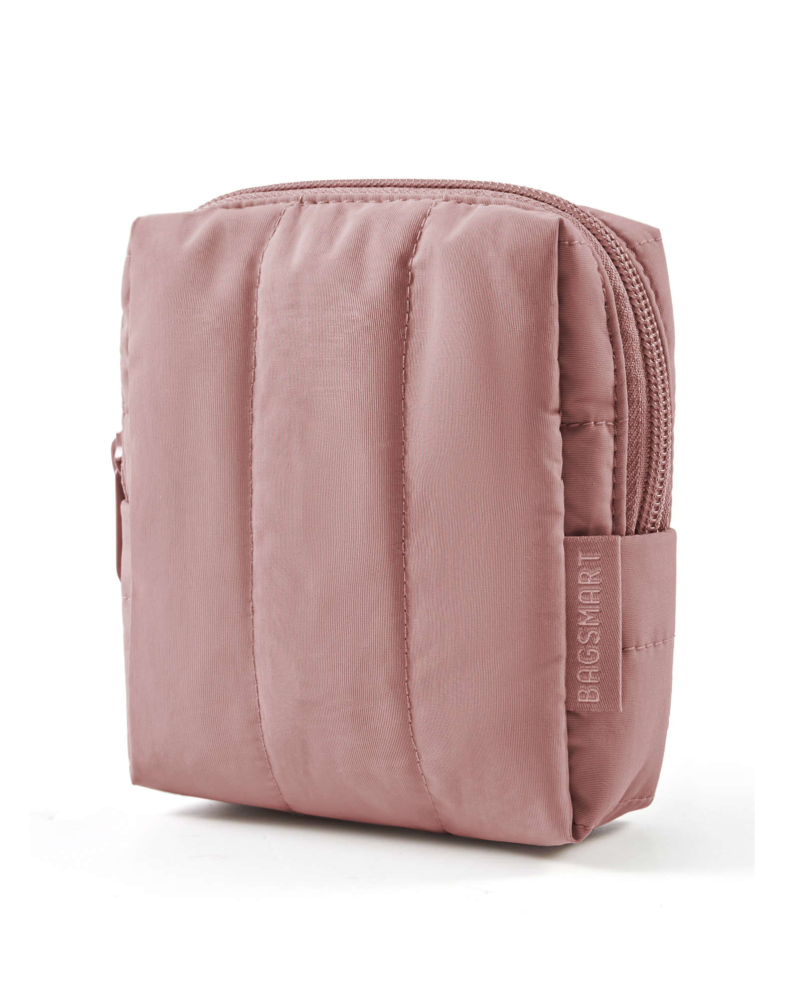 BAGSMART Small Travel Makeup Bag for Purse Toiletry Pouch, Puffy Padded Mini Cosmetics Bag, Cute Make Up Pouch for Women with Slip-in Pocket, Travel Essentials for Toiletries, Dark Pink