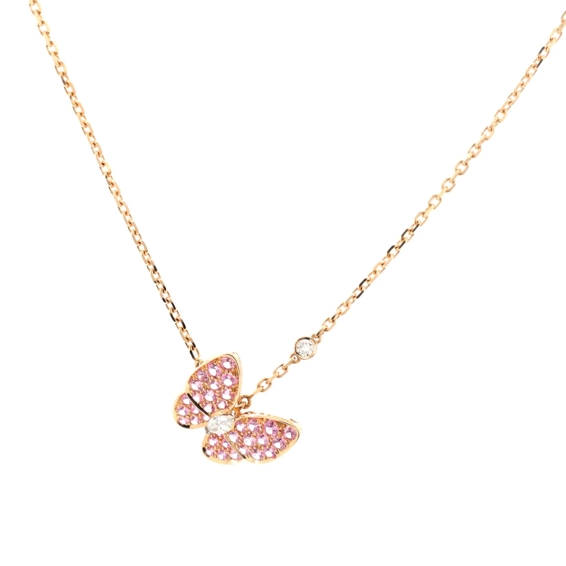 Two Butterfly Pendant Necklace 18K Rose Gold with Pink Sapphires and Diamonds