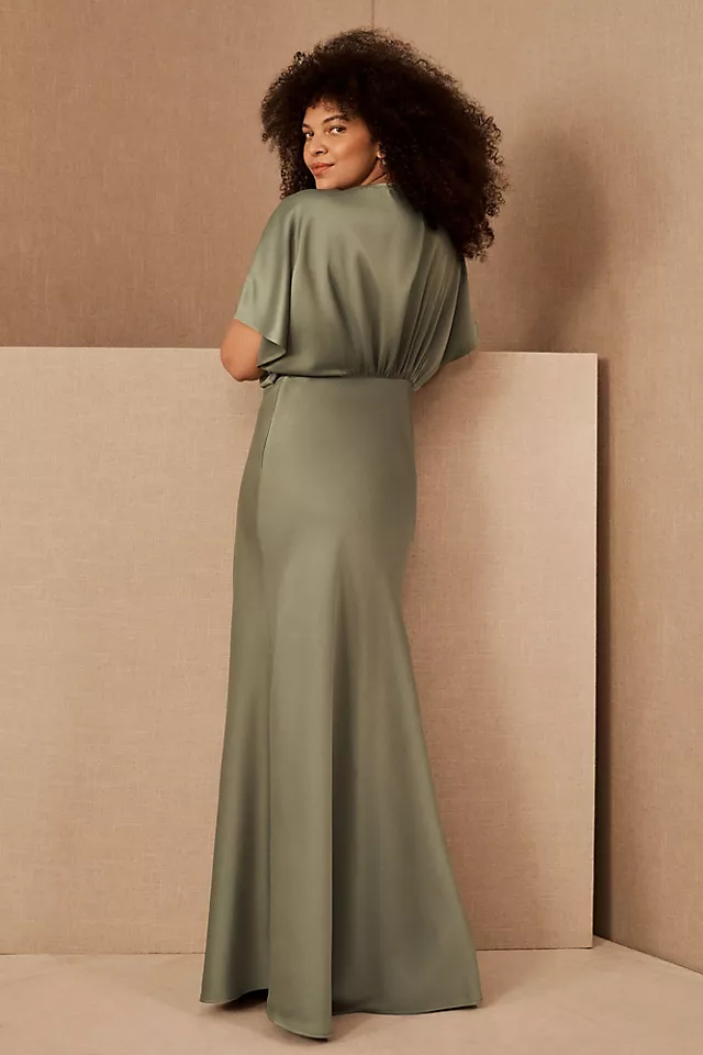 Deep-V Flutter-Sleeve Satin A-Line Gown MOSS