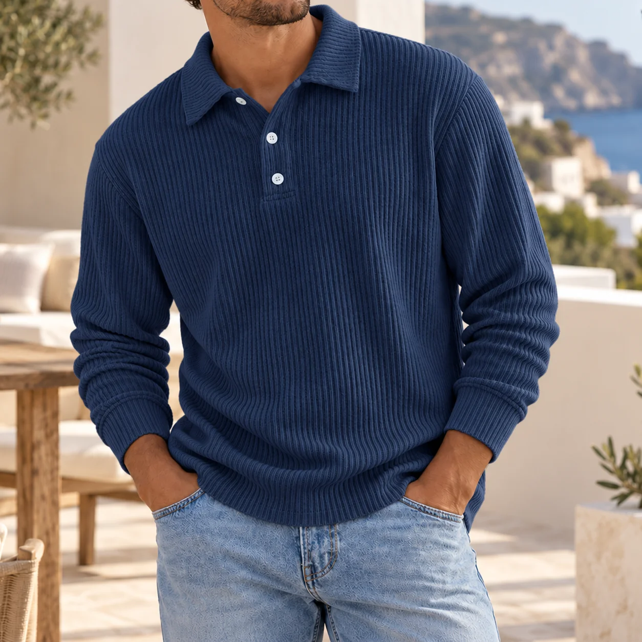 Mivanity Men's Ribbed Knit Polo Sweater Long Sleeve Relaxed Fit Casual Pullover