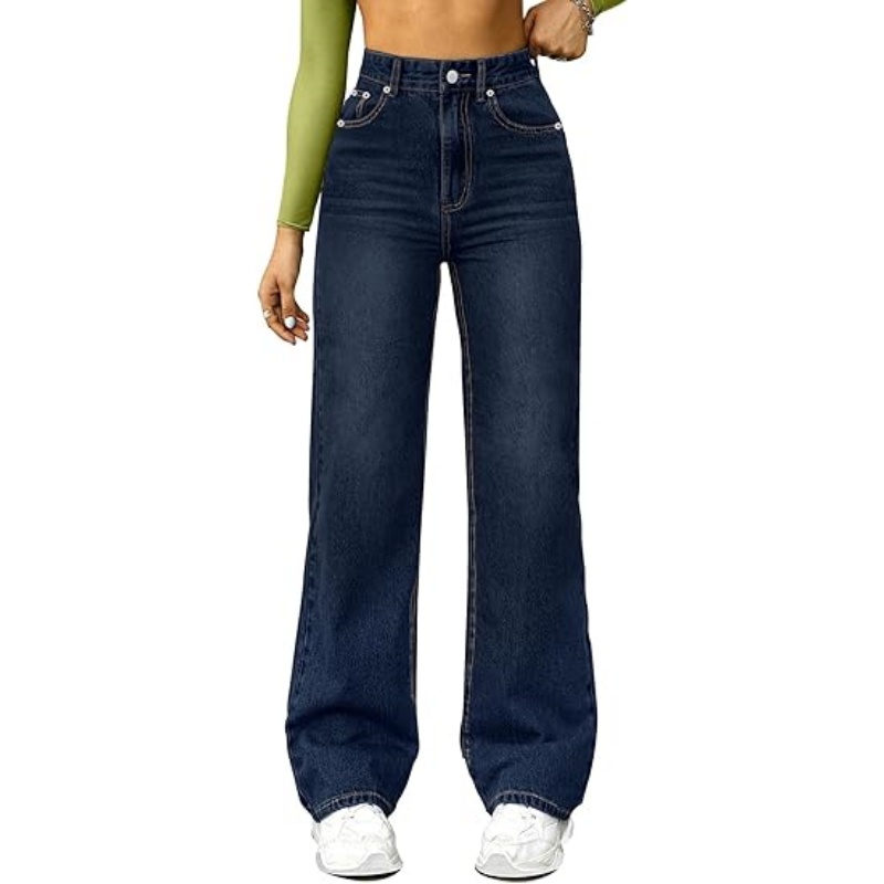 Women's High Waisted Microelastic Straight Leg Jeans, Loose Wide Leg Boyfriend Denim Pants