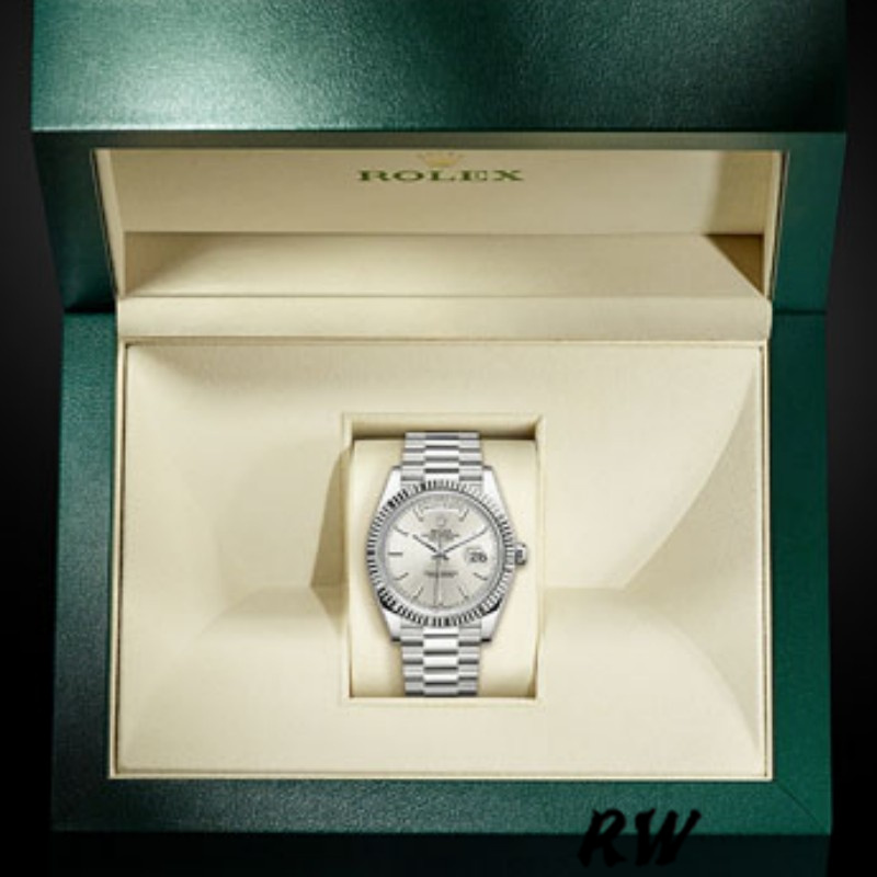 Rolex Day-Date 228239 Silver Stripe Motif Dial Fluted Bezel 40mm Mens Replica Watch