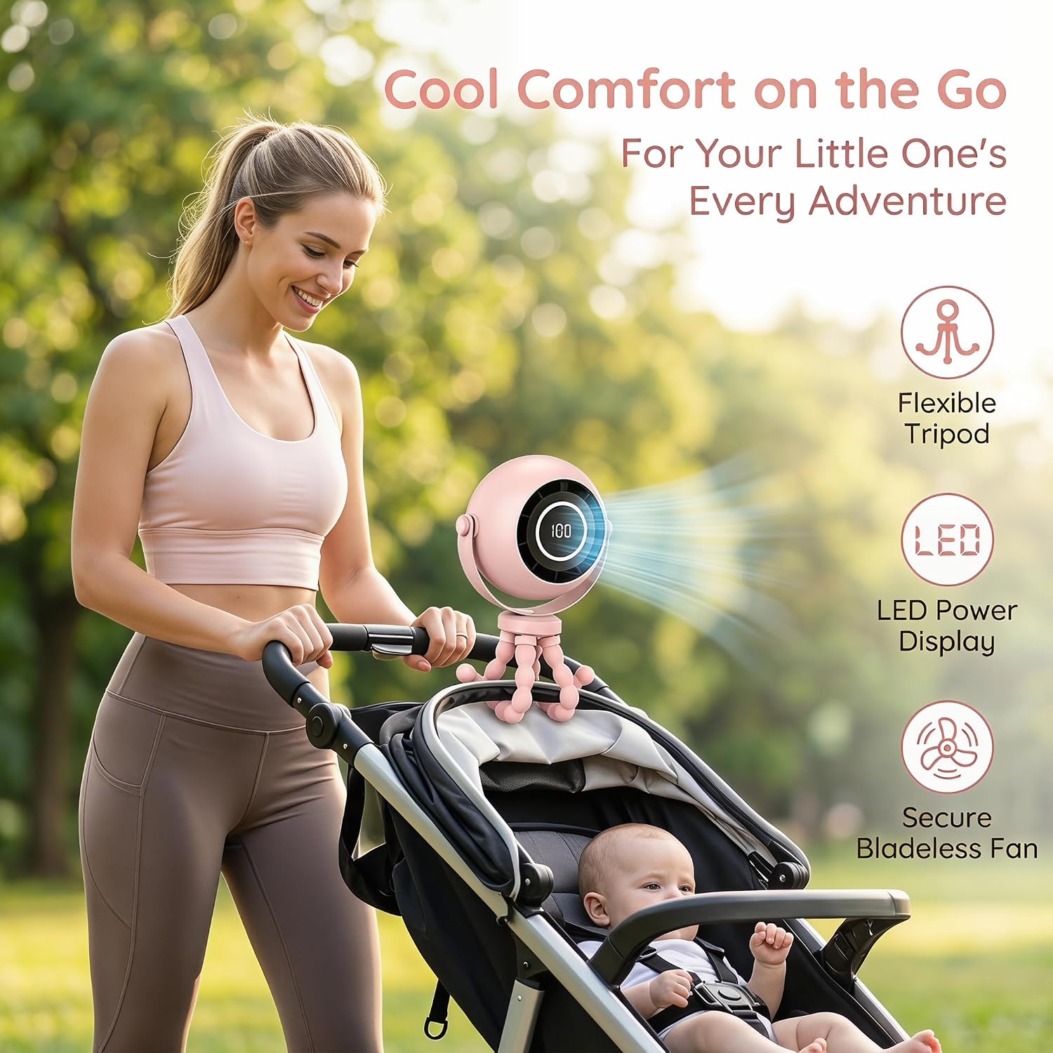 Kinderwagen Ventilator Ohne Flügel, Mini Stroller Fan 4000mAh Akku & LED-Anzeige, Leise Tragbarer Ventilator 360° Drehbar, USB Ventilators mit Nachtlicht für Büro, Reisen mit Baby