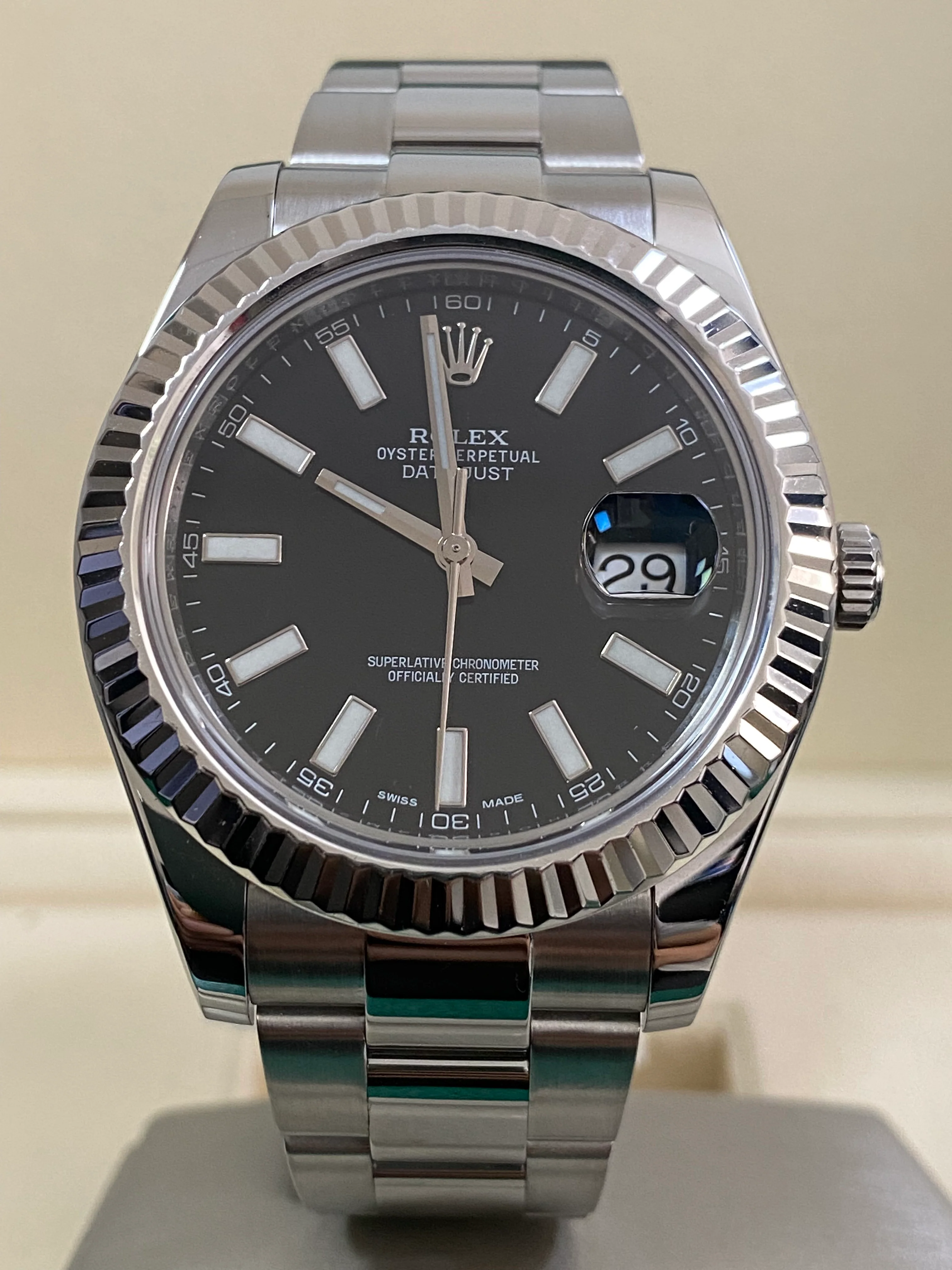 Rolex Steel Datejust II - Fluted Bezel - Black Index Dial - Oyster Bracelet - 116334