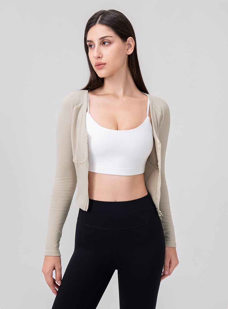 Double-zippered sports top, slim fit, yoga wear, tight-fitting, breathable, suitable for running, Pilates training, and fitness.