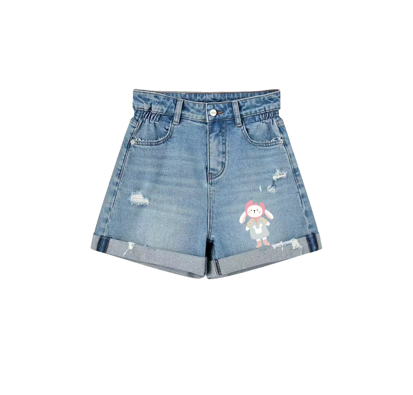 A pair of denim shorts printed with a rabbit wearing a hat is a must-have item in your summer wardrobe.