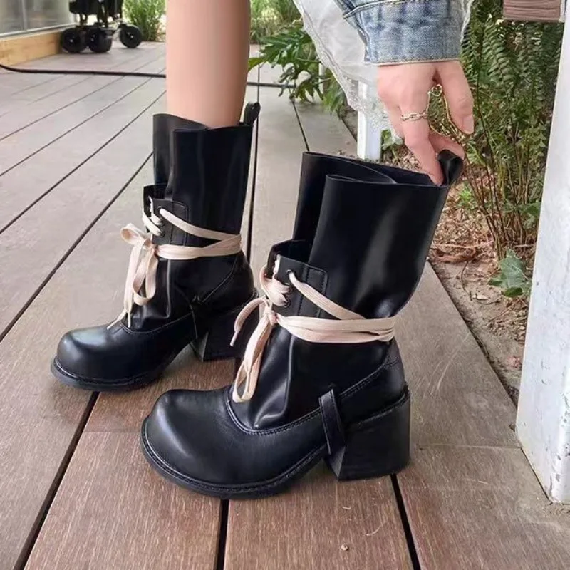 Platform Heightened Bundle Lace-up Booties 2026 Summer New Round Toe Block Heel Skinny Non-slip Stack Boots