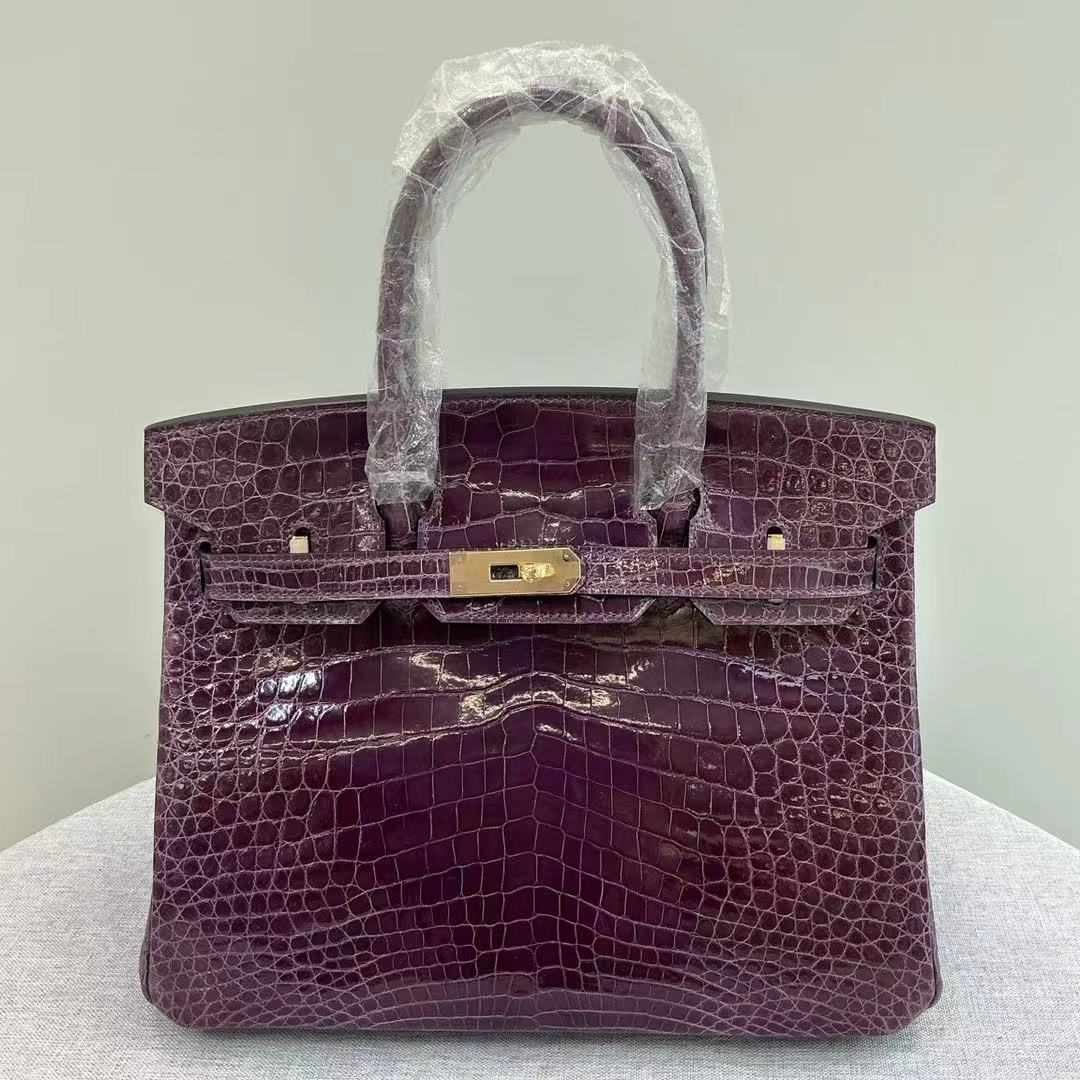 Birkin 25-35 inverted V shiny crocodile grape purple Gold buckle