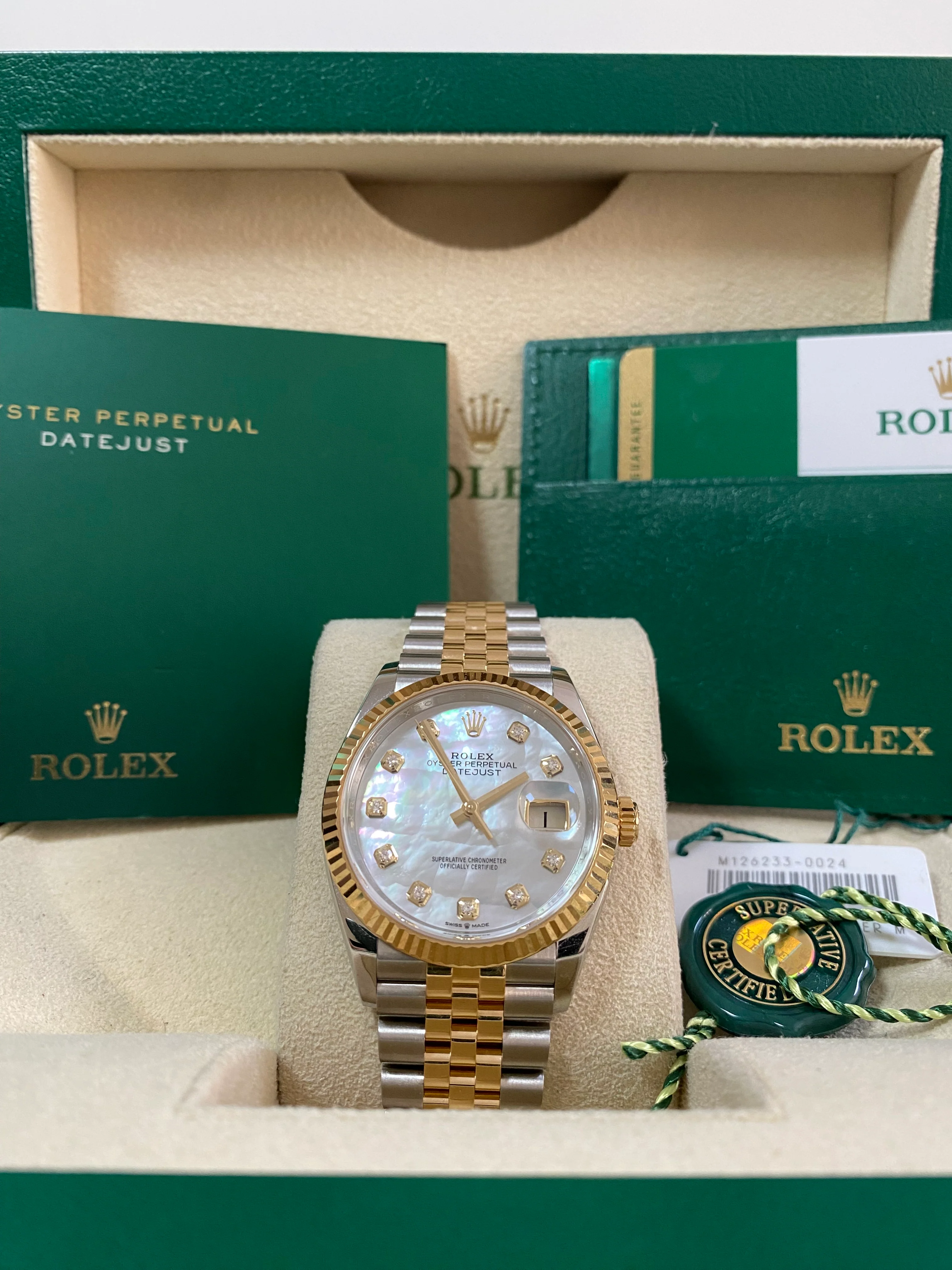 Rolex Yellow Gold Rolesor Datejust 36 - 2019 - Mother-Of-Pearl Diamond Dial - Jubilee Bracelet - 126233 *FULL SET*