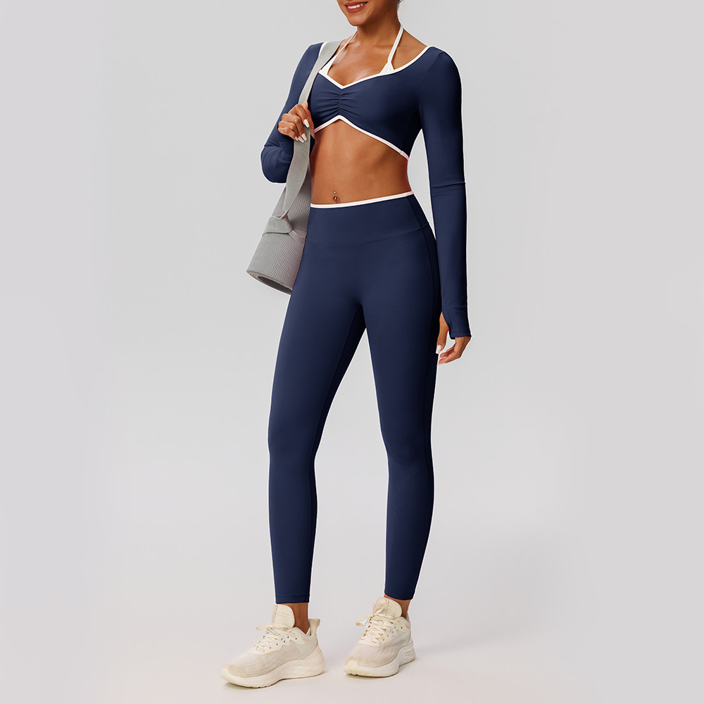 European and American style color-blocked sexy yoga outfit, quick-drying running and fitness wear with bra pads, yoga pants, peach-shaped buttocks, high-waisted, butt-lifting and tight fit.