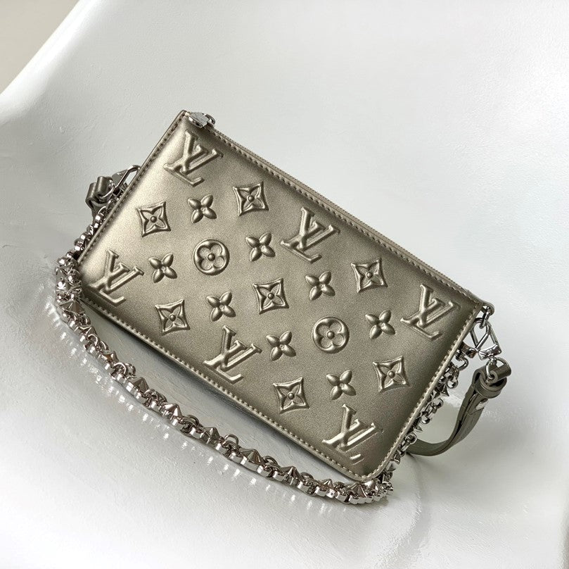 LV Lexington Pochette Shoulder Bag 21.5 Metallic Sliver Monogram Embossed Cafskin