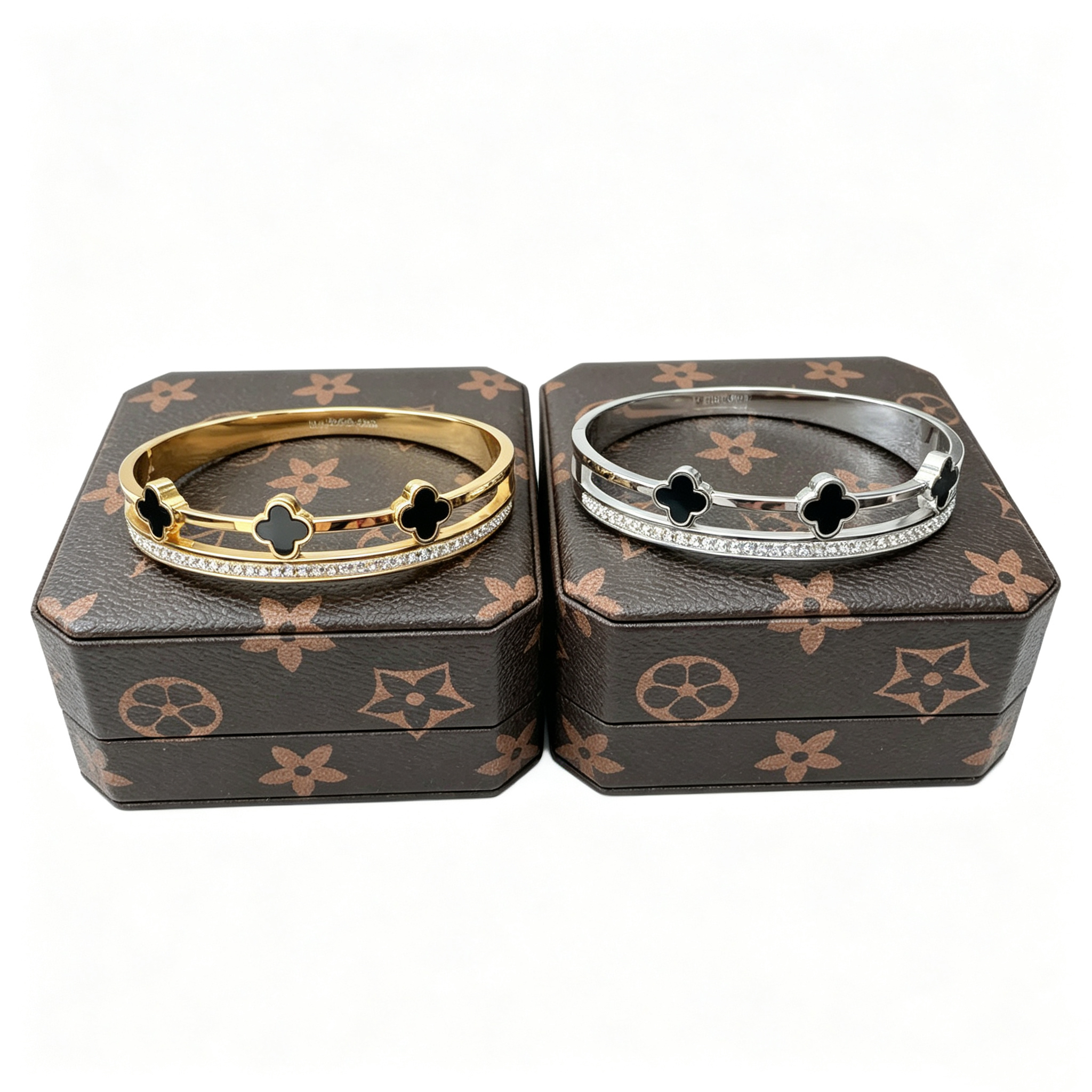 Four-leaf Clover Double-layer Diamond-set Metal Bangle
