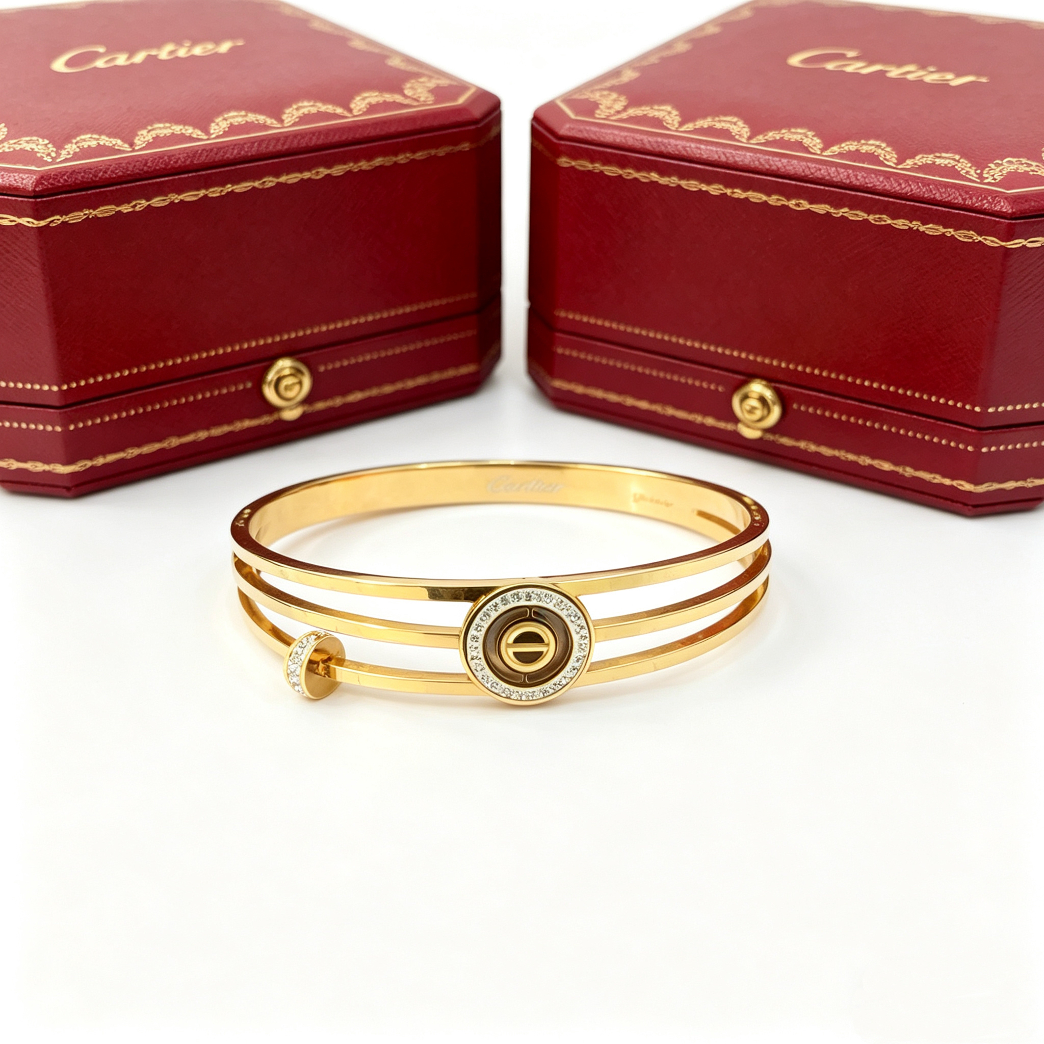 K—Three-layer diamond-encrusted metal bangle