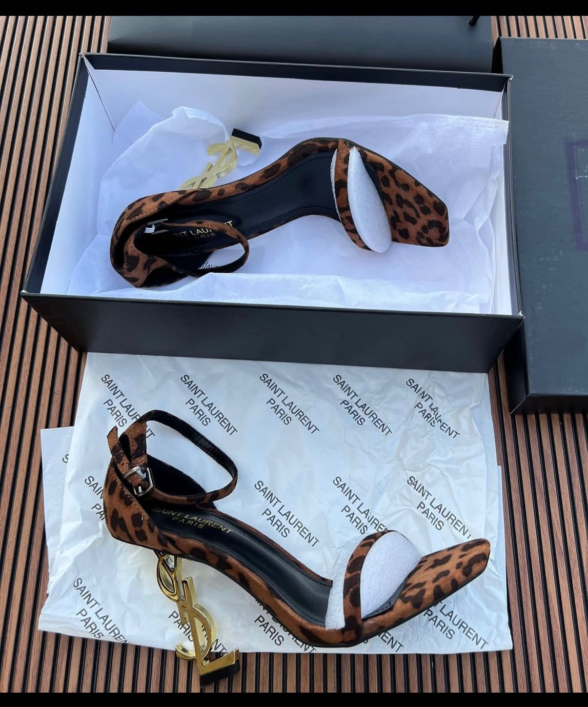 YSL leopard print logo high heels