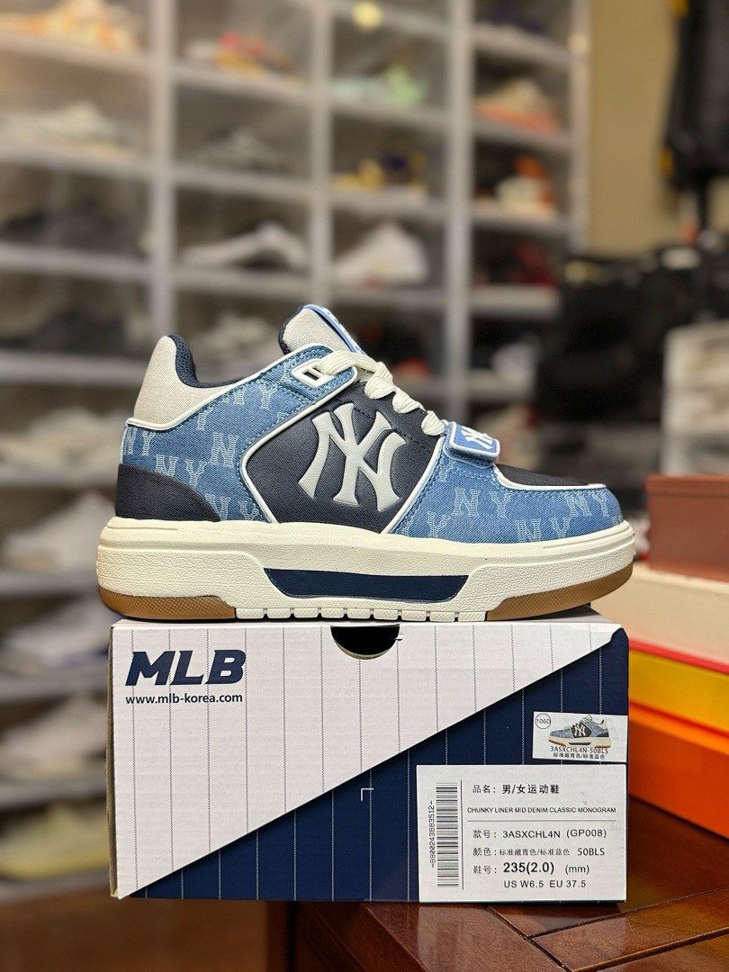 MLB黑蓝牛仔  Chunky Liner Basic MID 中帮魔术贴 老化牛仔蓝 增高厚底板鞋 3ASXCHL4N (GP008)