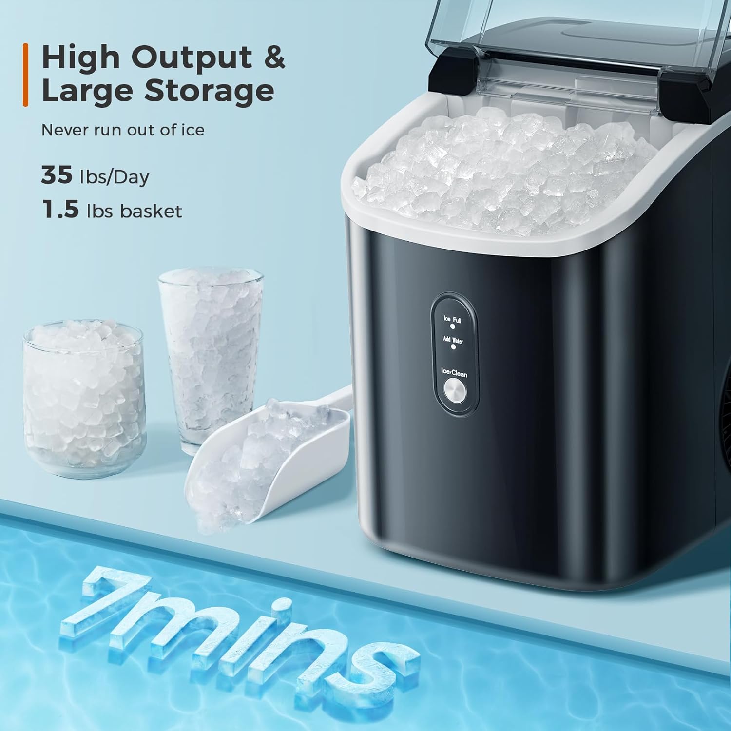 AGLUCKY Nugget Ice Maker Countertop, Portable Ice Maker Machine with Self-Cleaning Function,35lbs/24H,One-Click Operation,Pellet Ice Maker for Home/Kitchen/Office(Black)