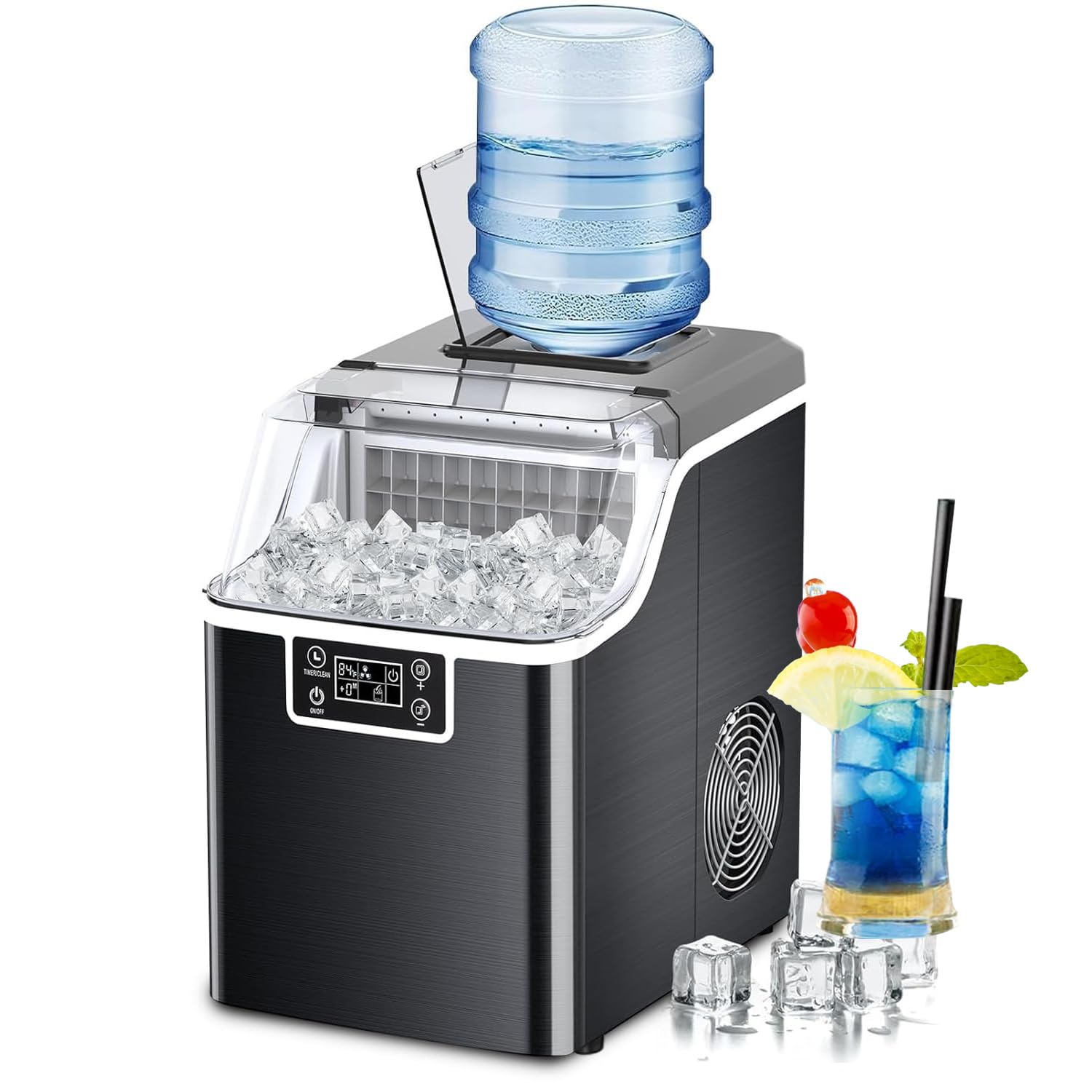 Kndko Ice Makers Countertop 45lbs,2-Ways Add Water,Ice Maker Self Cleaning,Ice Size Control,24H Timer,Party Countertop Ice Maker for Home Bar RV,Stainless Steel Ice Maker Machine,Black