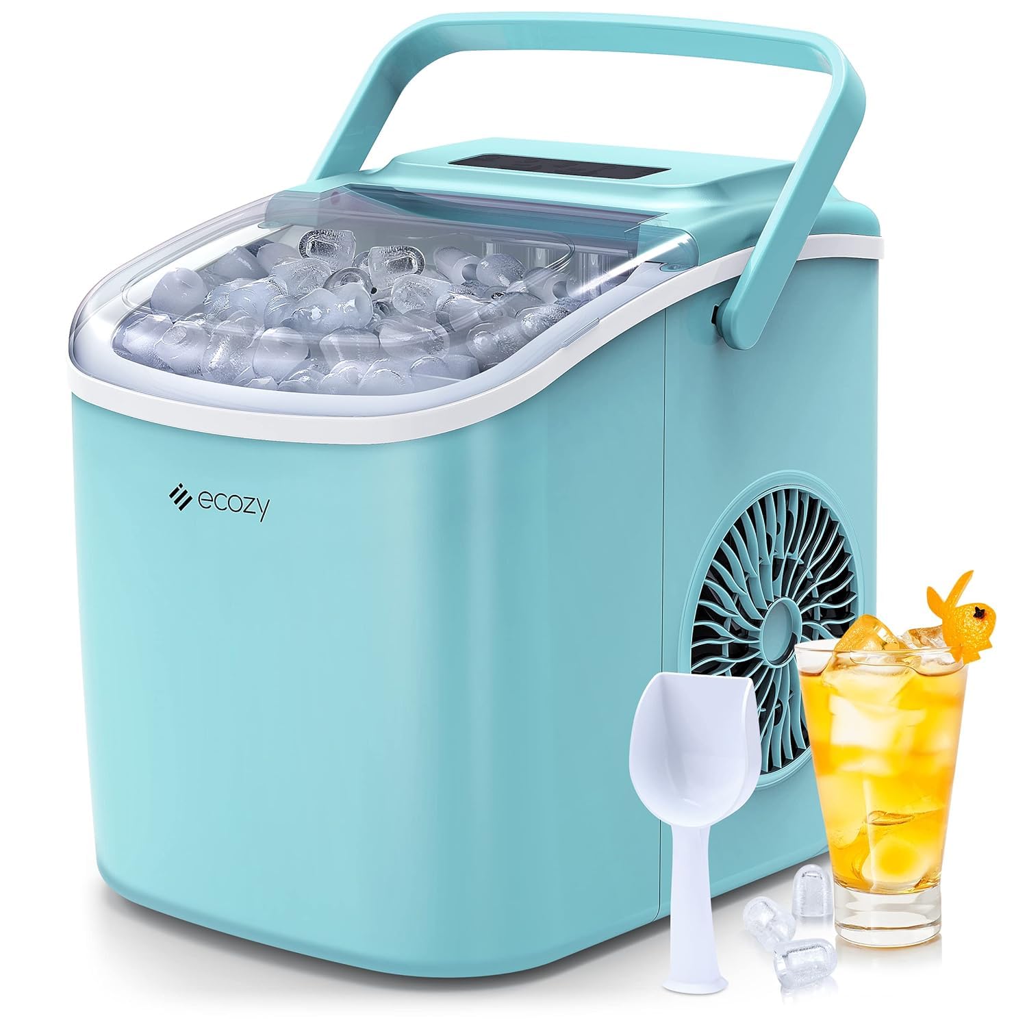 ecozy Portable Ice Maker Countertop, 9 Cubes Ready in 6 Mins, 26.5 lbs in 24 Hours, Self-Cleaning Ice Maker Machine with Ice Bags/Ice Scoop/Ice Basket for Home Kitchen Office Bar Party, Silver