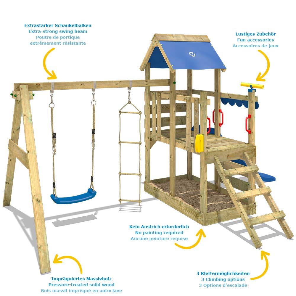 【Sports&Outdoors】Wooden climbing frame TurboFlyer with swing set and blue slide, Garden playhouse