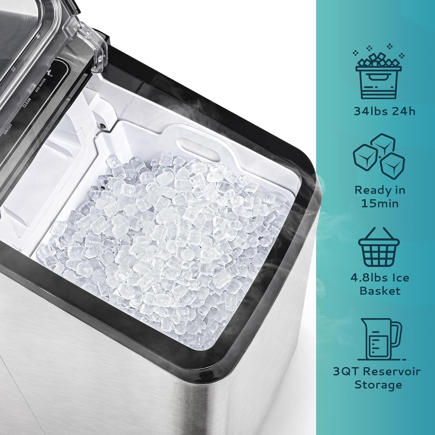 EUHOMY Nugget Ice Maker Countertop, Max 34lbs/Day, 2 Way Water Refill, Self-Cleaning Pebble Ice Maker Machine with 3Qt Reservoir, Ideal for Home, Office, Bar, and Party. (Silver)