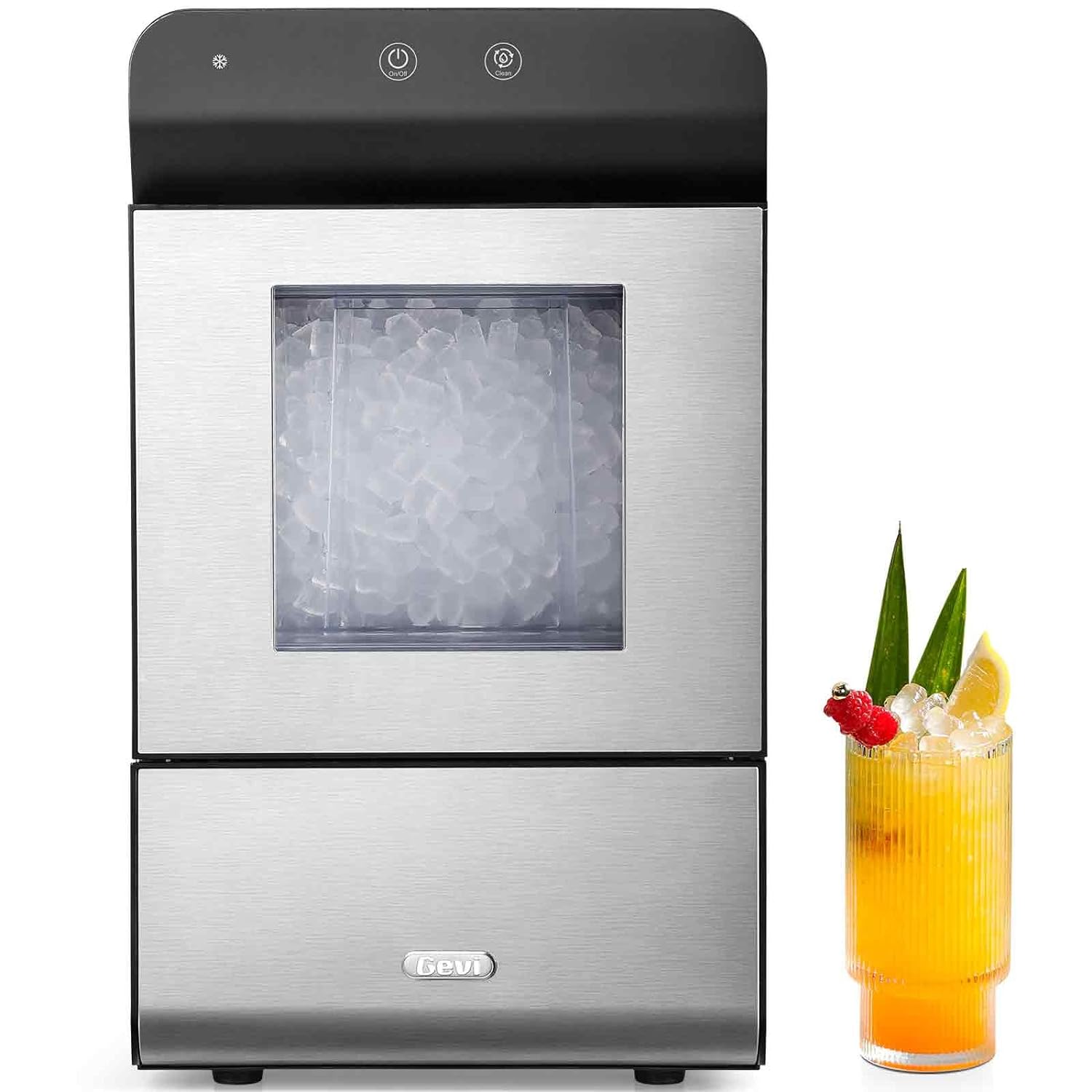 Gevi Household V2.0 Countertop Nugget Ice Maker | Self-Cleaning Pellet Ice Machine | Open and Pour Water Refill | Stainless Steel Housing | Fit Under Wall Cabinet | Black