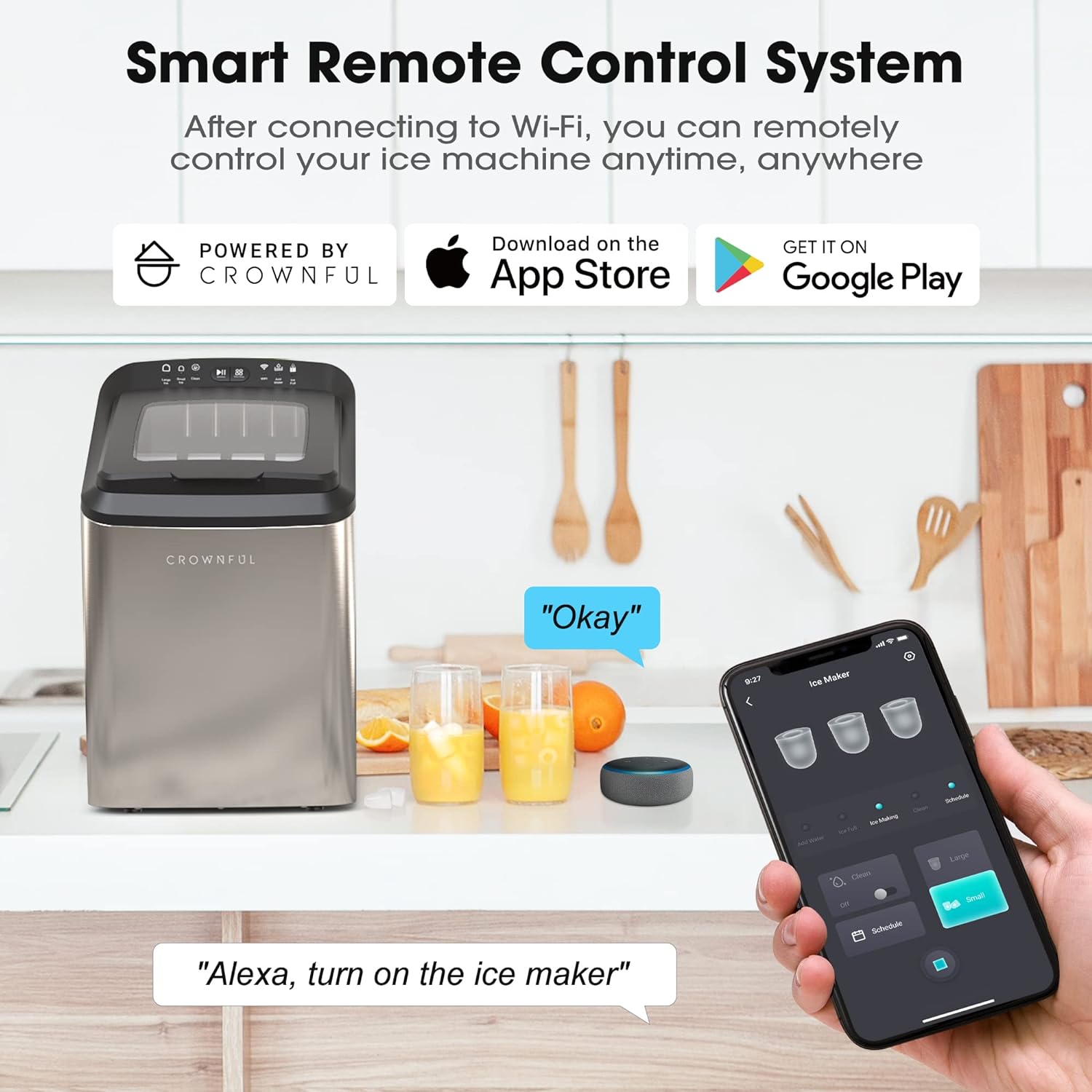 CROWNFUL Smart Ice Maker Countertop, with App Remote Control Ice Machine, 9 Bullet Ice Ready in 7-10 Mins, 33lbs Ice in 24H, 2 Size (S/L) Ice, Automatic Cleaning, Works with Alexa & Google Assistant