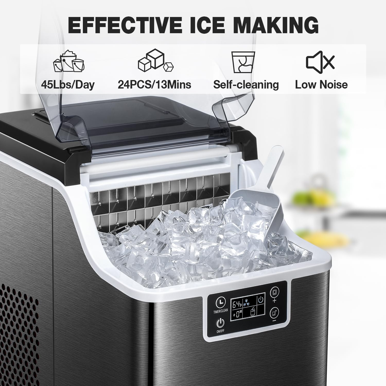 COWSAR Countertop Ice Maker, Square Ice Cubes Maker Machine, 2 Ways to Add Water, Self-Cleaning Maker, 24H Timer Compact for Home Office Party Bar