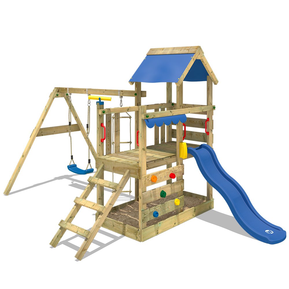 【Sports&Outdoors】Wooden climbing frame TurboFlyer with swing set and blue slide, Garden playhouse