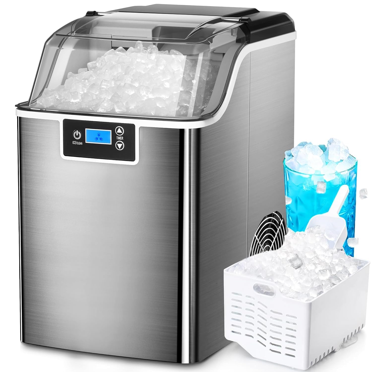 Kismile Nugget Ice Makers Countertop, 45lbs/Day Pebble Ice Maker Machine with 24-Hour Timer, Self-Cleaning Pellet ice Maker with Ice Scoop and Ice Basket for Home & Kitchen (Stainless Steel Gold)