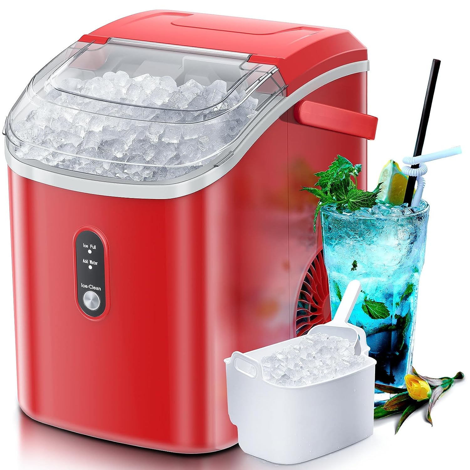 Nugget Countertop Ice Maker with Soft Chewable Ice, 34Lbs/24H, Pebble Portable Ice Machine with Ice Scoop, Self-Cleaning, One-Click Operation, for Kitchen,Office Stainless Steel Silver