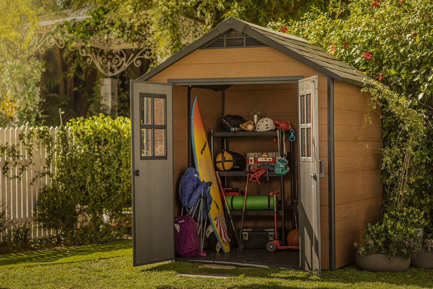 【Storage Shed】【BS】7.5×7 Large Resin Outdoor Storage Shed Kit – Perfect to Store Patio Furniture, Garden Tools