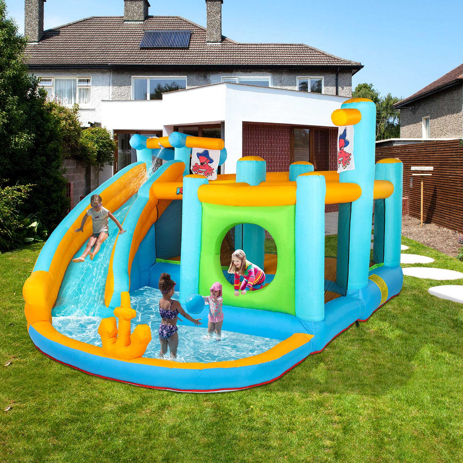 【Sports&Outdoors】Inflatable Water Slide Park, Pirate Themed Bounce House, Obstacle Course, Water Cannon
