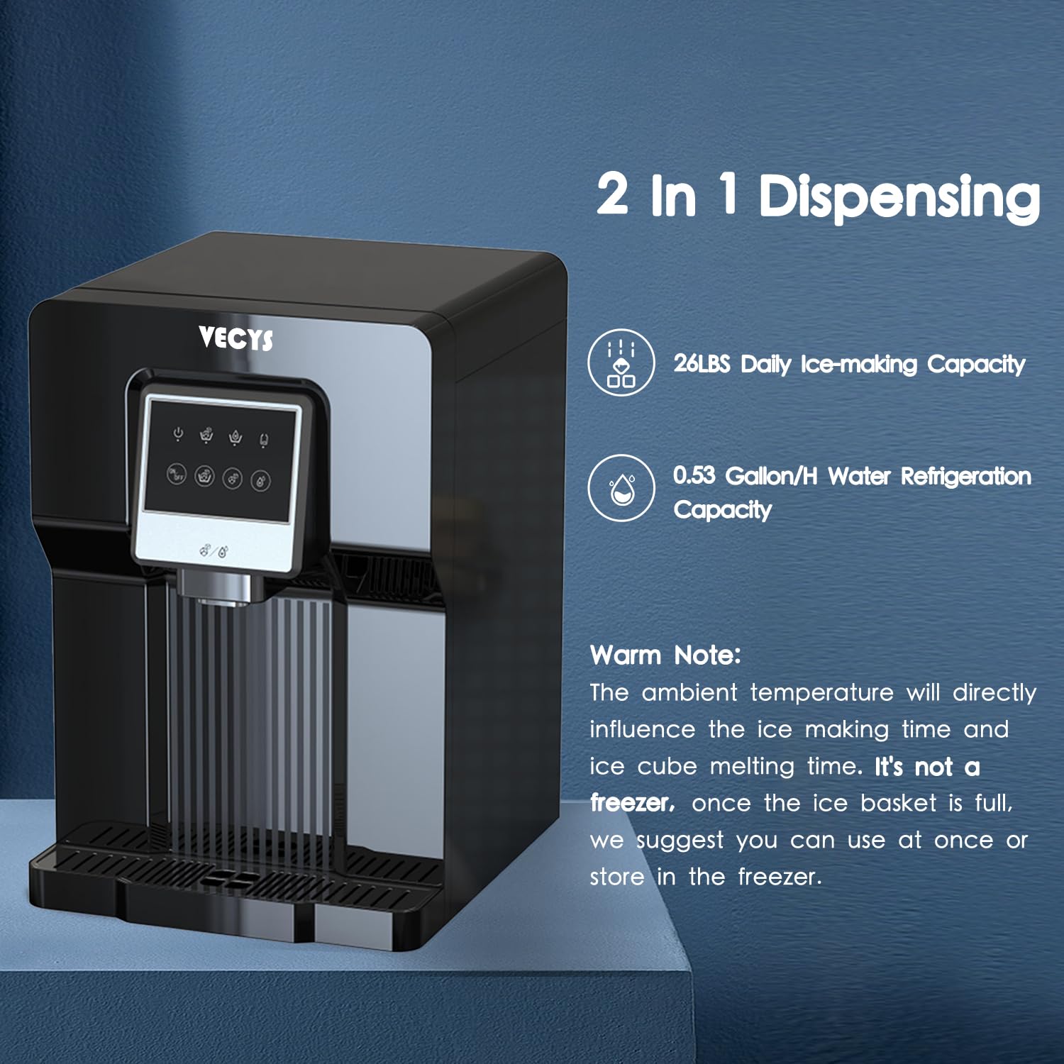 VECYS Water Cooler Dispenser with Built-in Ice Maker, 26LB Daily Ice Production and Refreshing Cold Water for RV and Home Countertop Use (NO Hot Water)