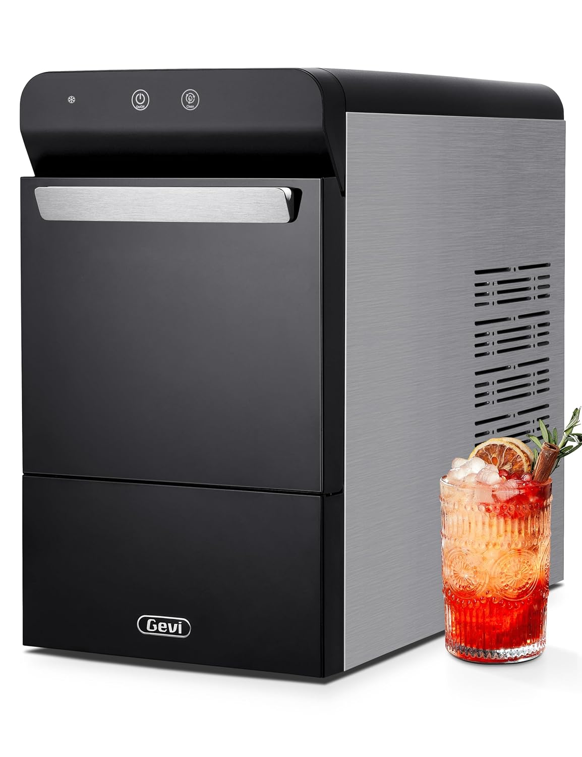 Gevi Household V2.0 Countertop Nugget Ice Maker | Self-Cleaning Pellet Ice Machine | Open and Pour Water Refill | Stainless Steel Housing | Fit Under Wall Cabinet | Black