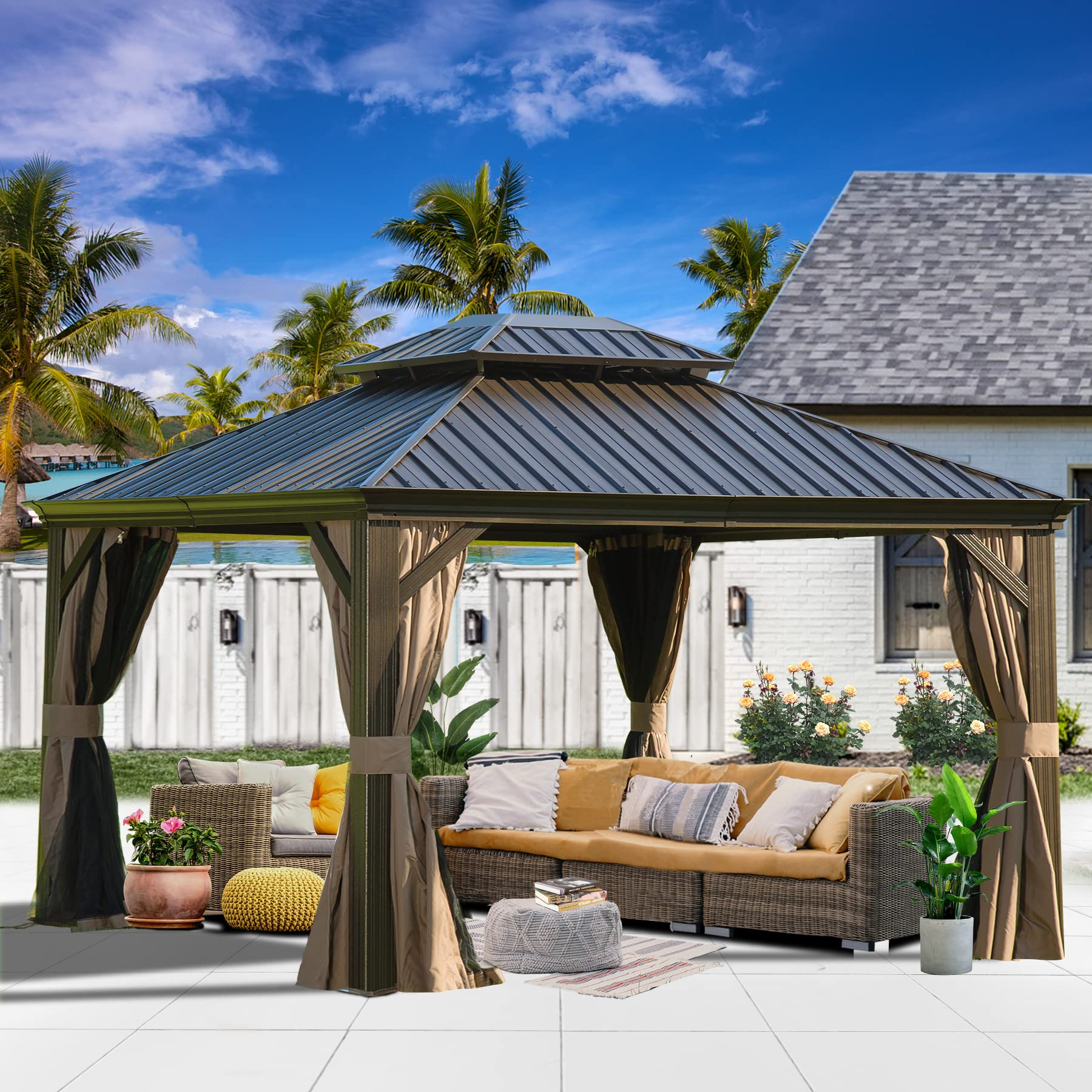 【Gazebo】【BS】10x12 Hardtop Gazebo Outdoor Aluminum Gazebos Grill with Galvanized Steel Double Canopy