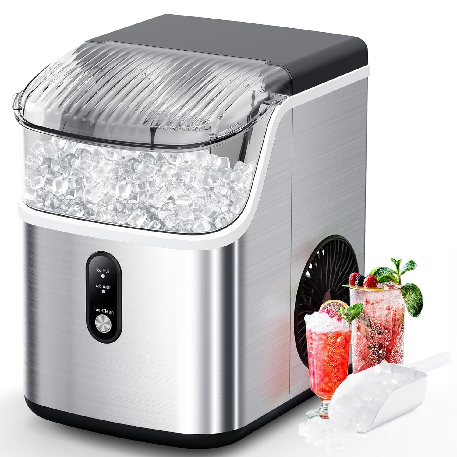 Kndko Nugget Ice Makers Countertop,Pellet Ice Maker Machine with Crushed Ice,One-Button Quick Ice Making 34Lbs/Day, Self Cleaning Countertop Ice Maker, Stainless Steel Ice Machine,Black